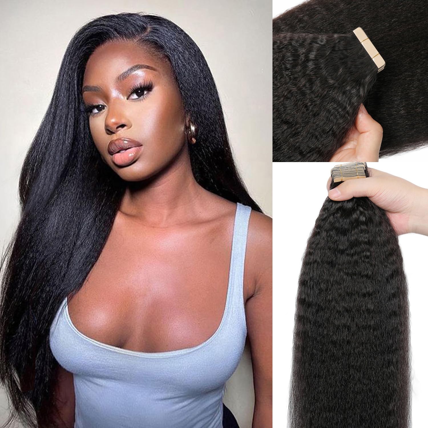 40Pcs Kinky Straight Tape in Hair Extensions - 100% Human Hair, Natural Black, 14 Inch, Invisible Skin Weft for Seamless Blending | Perfect for Black Women's Protective Styles, Weddings & Everyday Glam