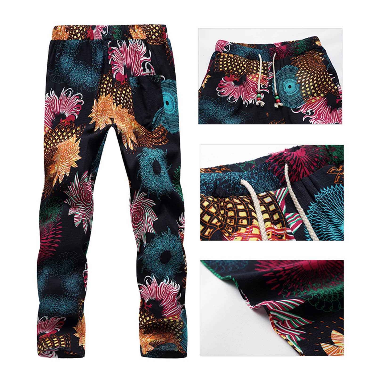 Sdeycui Men's Floral Print Cotton Casual Pants - Elastic Waist Drawstring, Straight Leg Lounge Pants with Pockets | Comfortable for Home, Work, Travel & Outdoor Activities