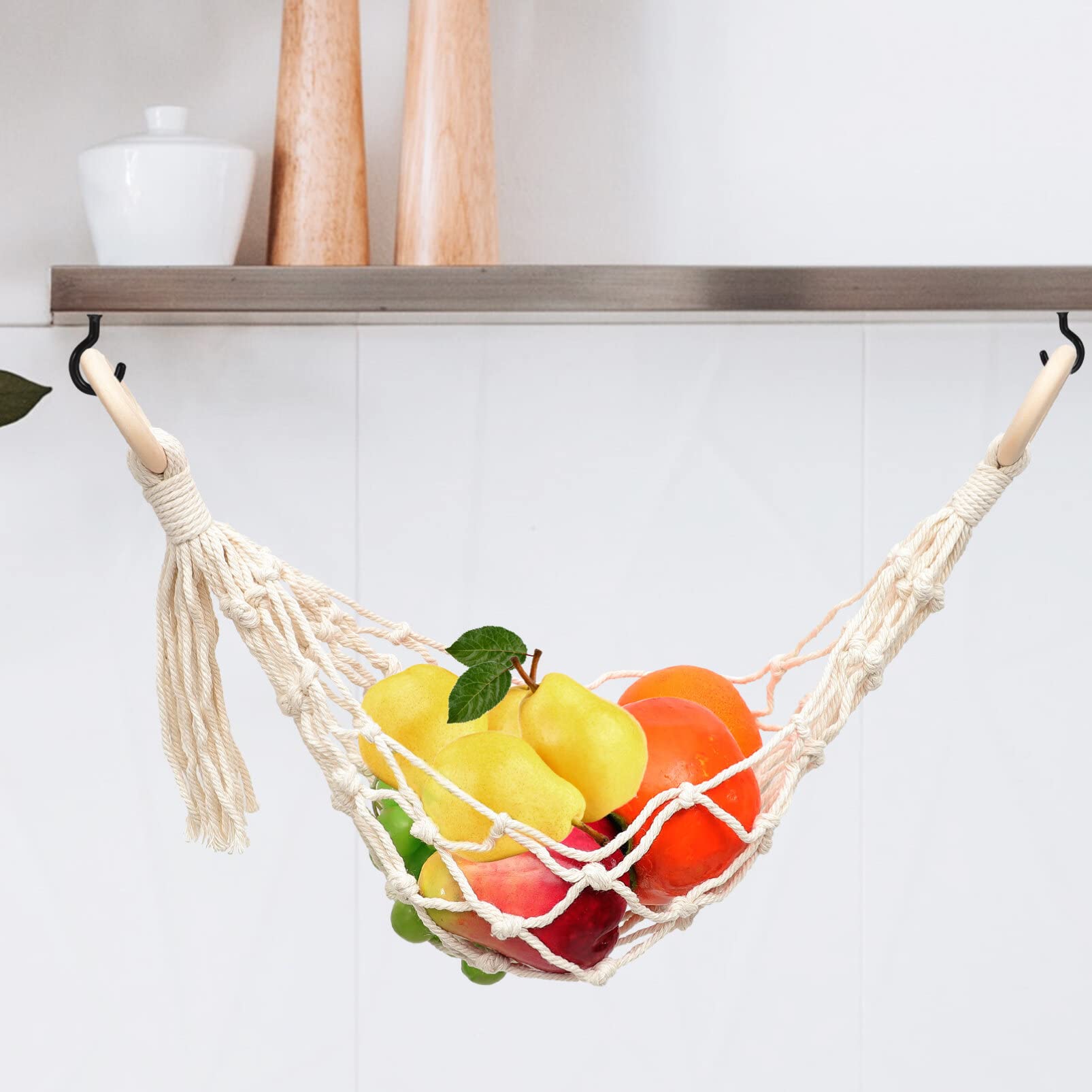 Kichvoe Woven Macrame Hanging Basket for Fruits & Vegetables - Bohemian Cotton Produce Storage Basket for Kitchen, Pantry, or Farmers Market - Perfect for Organizing Fresh Produce in Style