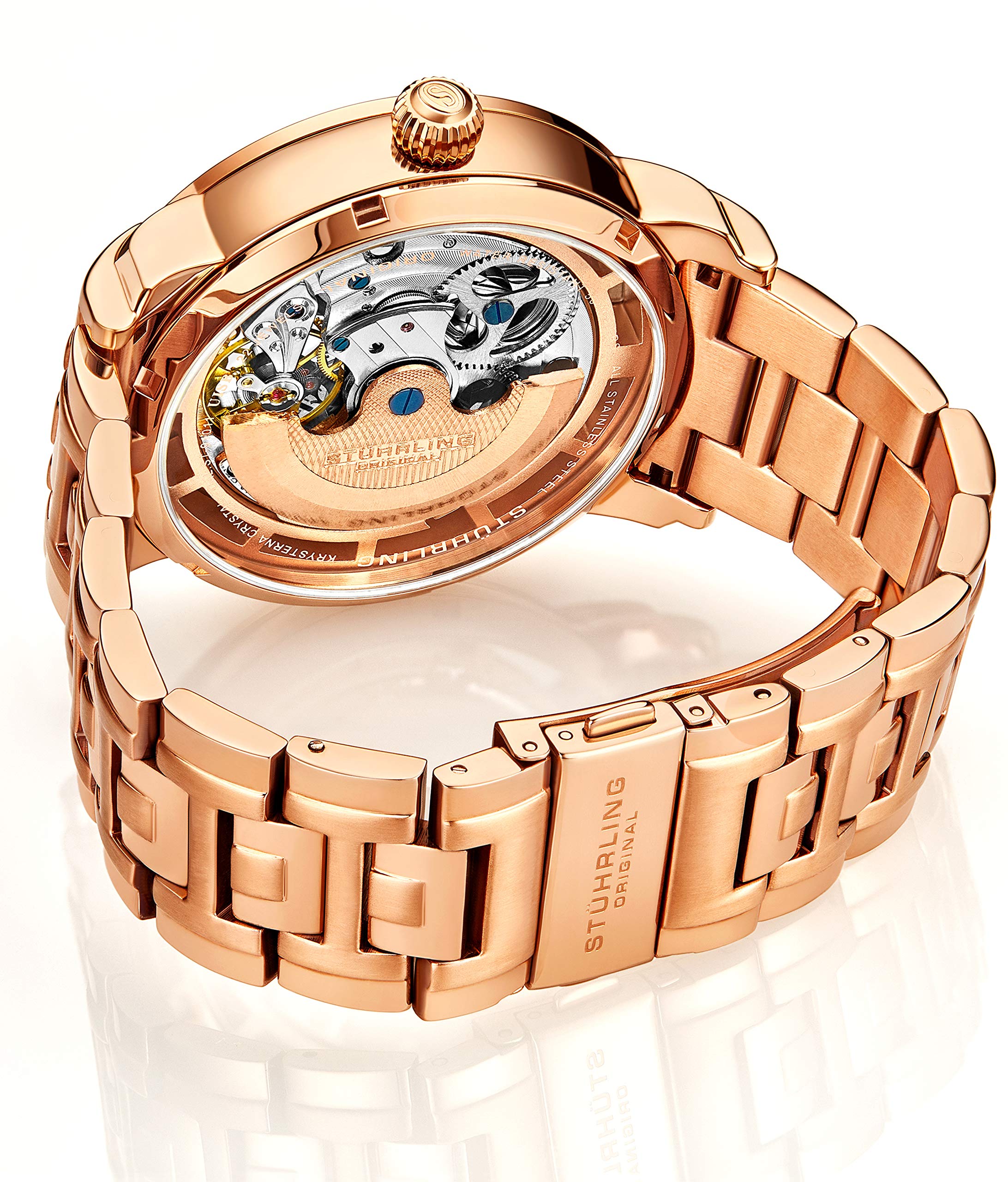 Stührling Original Men's Automatic Watch - Stainless Steel, Silver Skeleton Dial, Dual Time, AM/PM Sun Moon Display, with Steel Bracelet - 371B Series | Perfect for Business, Formal Occasions & Watch Collectors
