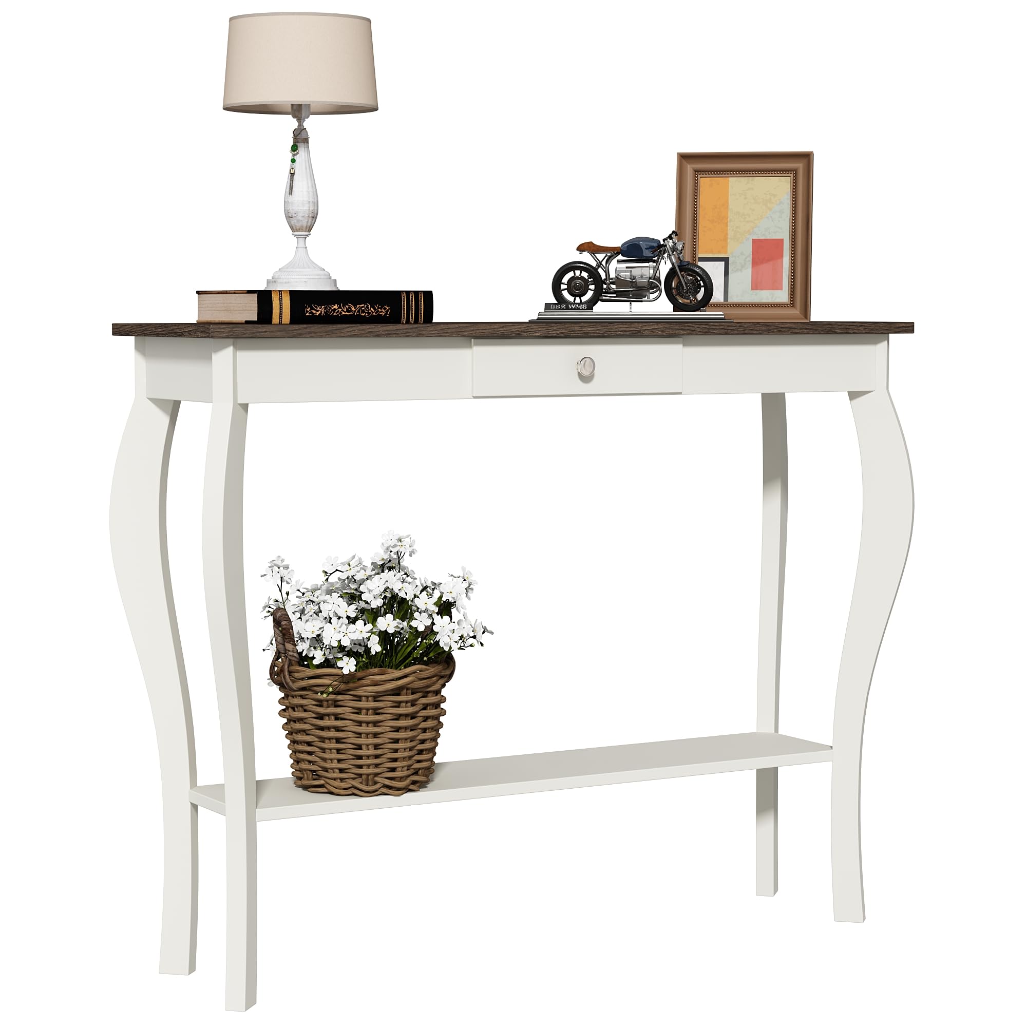 ChooChoo Narrow Farmhouse Console Table with Drawer - Chic Accent Sofa Entryway Table with Shelves - Antique White & Brown - Perfect for Entryway, Living Room, Hallway & Small Space Decor
