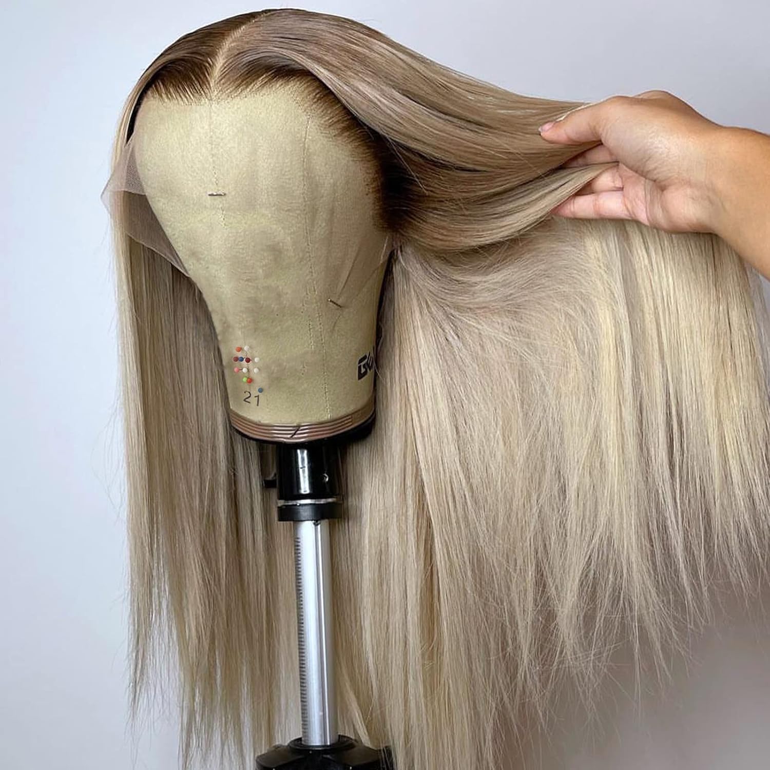 Ash Blonde Human Hair Wig 13x4 Transparent Lace Front - 200% Density Straight Lace Wig with Dark Brown Roots & Platinum HD Lace | Perfect for Black Women | 26 Inch Length | Great for Daily Wear, Cosplay, and Special Occasions
