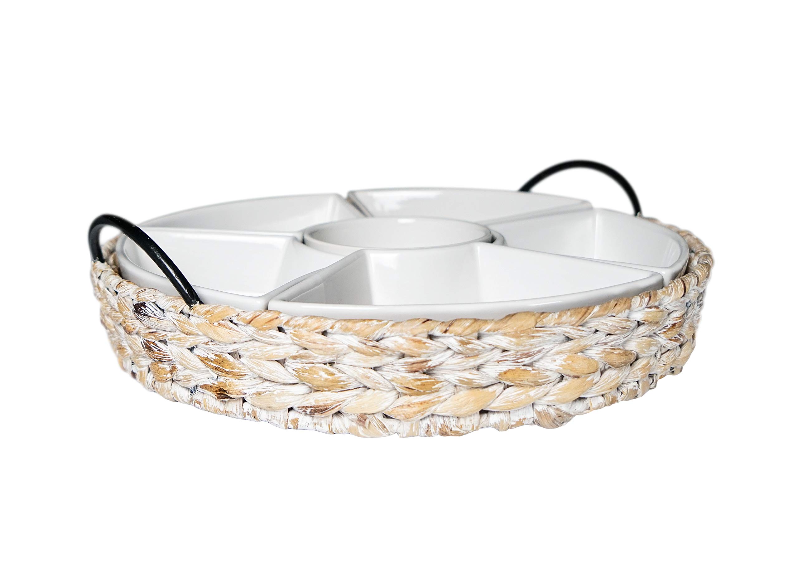 Whitewash Ceramic Serving Tray Set with 6 Removable Dishes - 15.5 x 15.5 Inch Large Party Platter for Appetizers, Chips, Fruits & Desserts - Elegant Food Serving Tray for Entertaining, Bridal Showers & Holiday Gatherings
