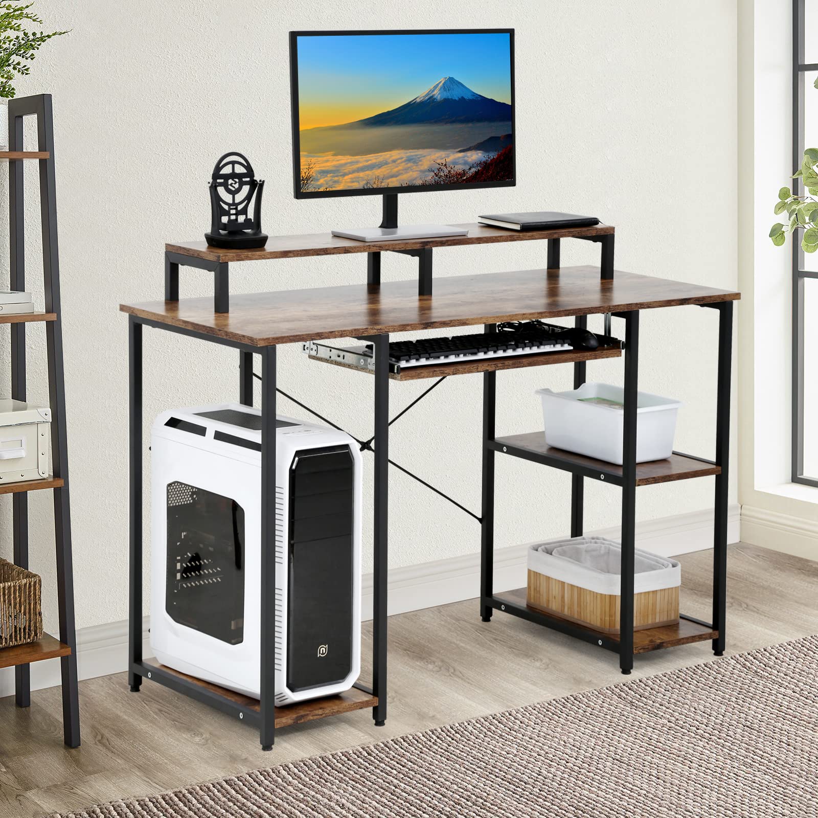 Rustic Wooden Computer Desk with Shelves, Monitor Stand & Keyboard Tray - Home Office Desk for Gaming, Writing & Study | Perfect for Students, Boys & Girls | Compact Workspace Solution for Small Rooms & Dormitories