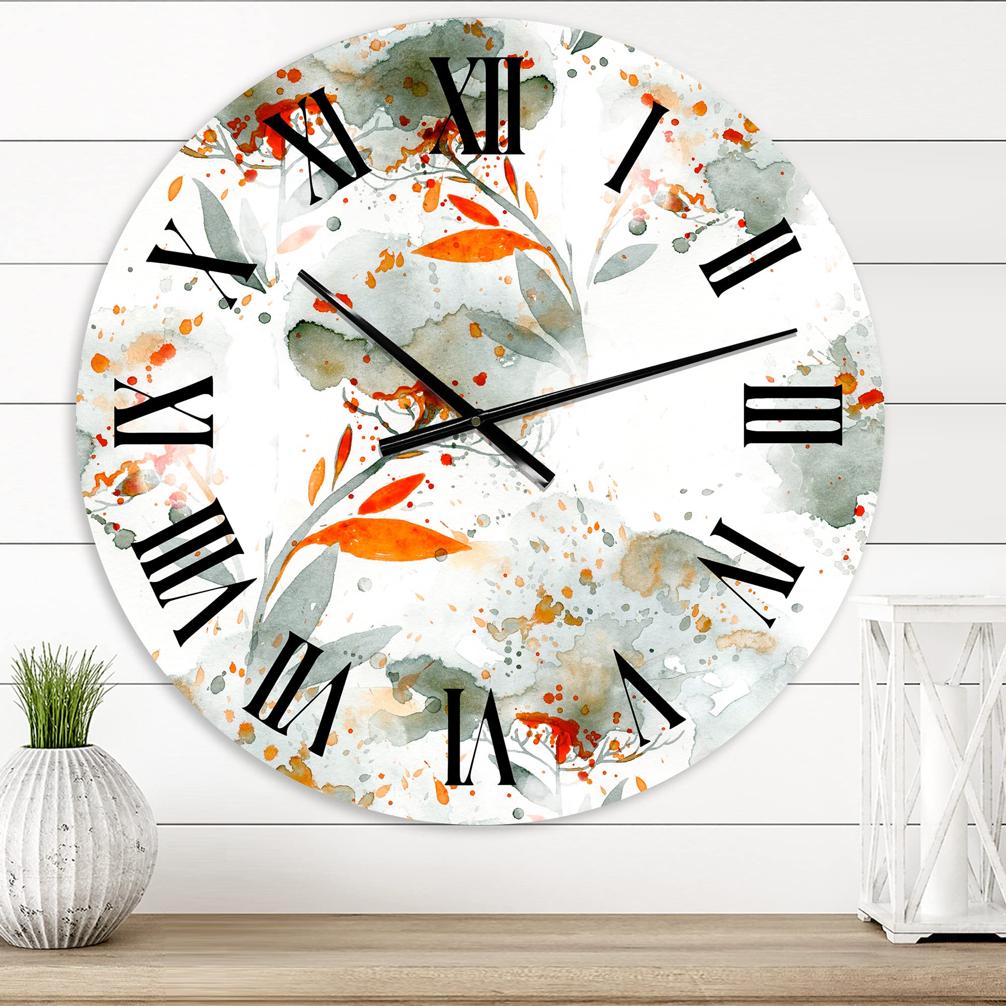 DesignQ Modern Wall Clock - Green and Orange Wildflowers Floral & Botanical Large Wall Art for Home Decor | Perfect for Living Room, Bedroom, Office & Kitchen