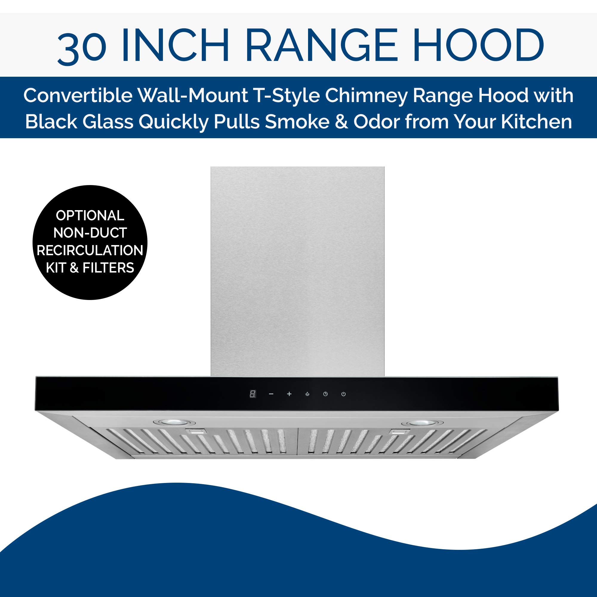 Broan-NuTone BWT2304SSB Stainless Steel Black Glass Convertible Wall-Mount LED Range Hood with T-Style Chimney - Perfect for Modern Kitchen Ventilation & Smoke Removal