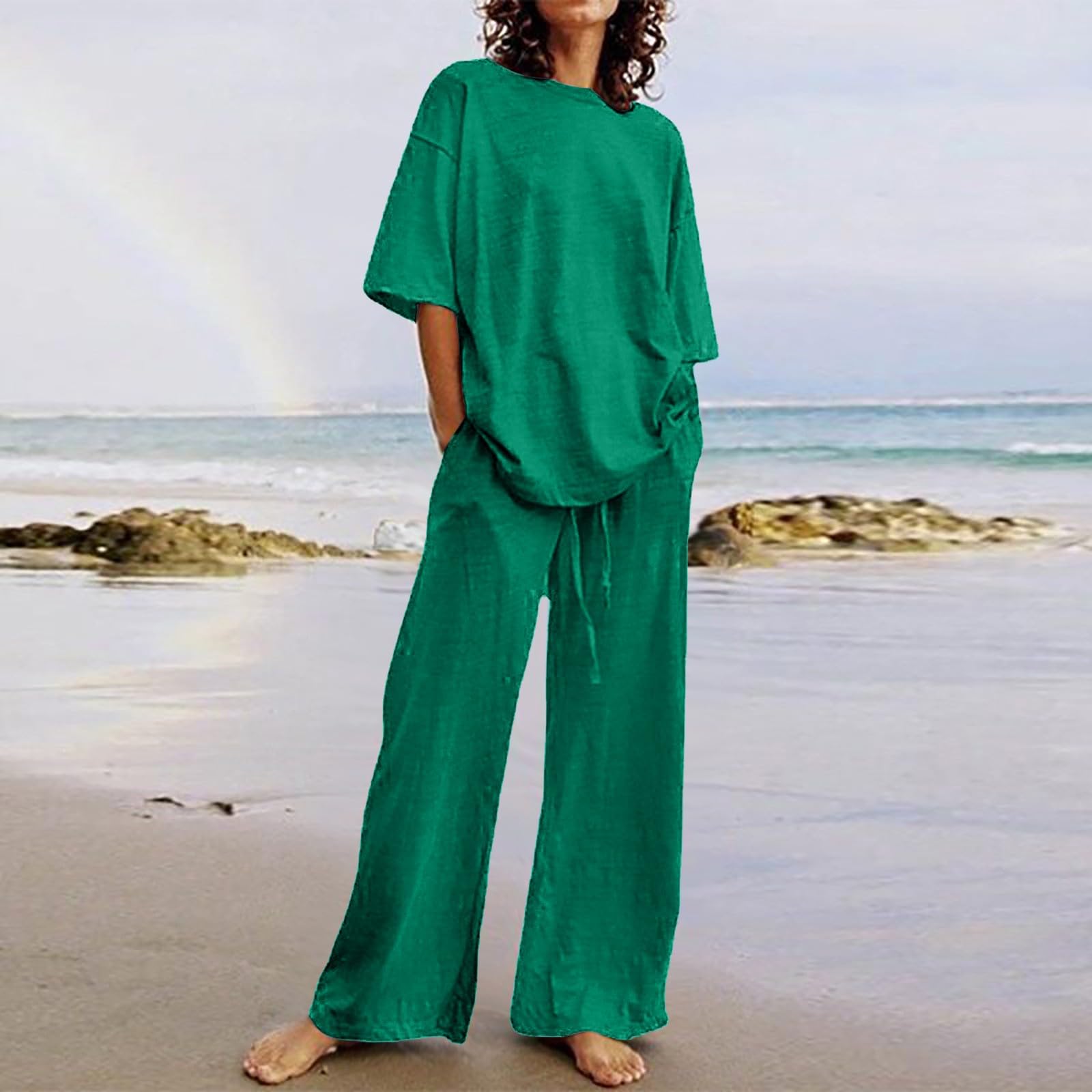 Women's Summer Romper Outfits - 2 Piece Short Sleeve Crop Top & Wide Leg Pants Set | Beachwear, Vacation, Casual Wear