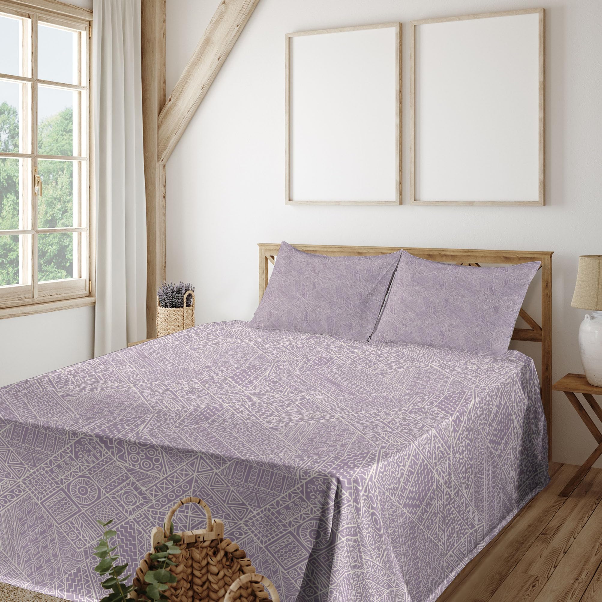 Ambesonne Abstract King Size 4-Piece Sheet Set - Hand Drawn Geometric Zigzags, Circles & Swirls in Soft Pastel Mauve & Eggshell | Fitted Sheet, Flat Sheet & 2 Pillowcases | Luxury Bedding for Modern Home Decor, Guest Room & Cozy Bedroom Retreat