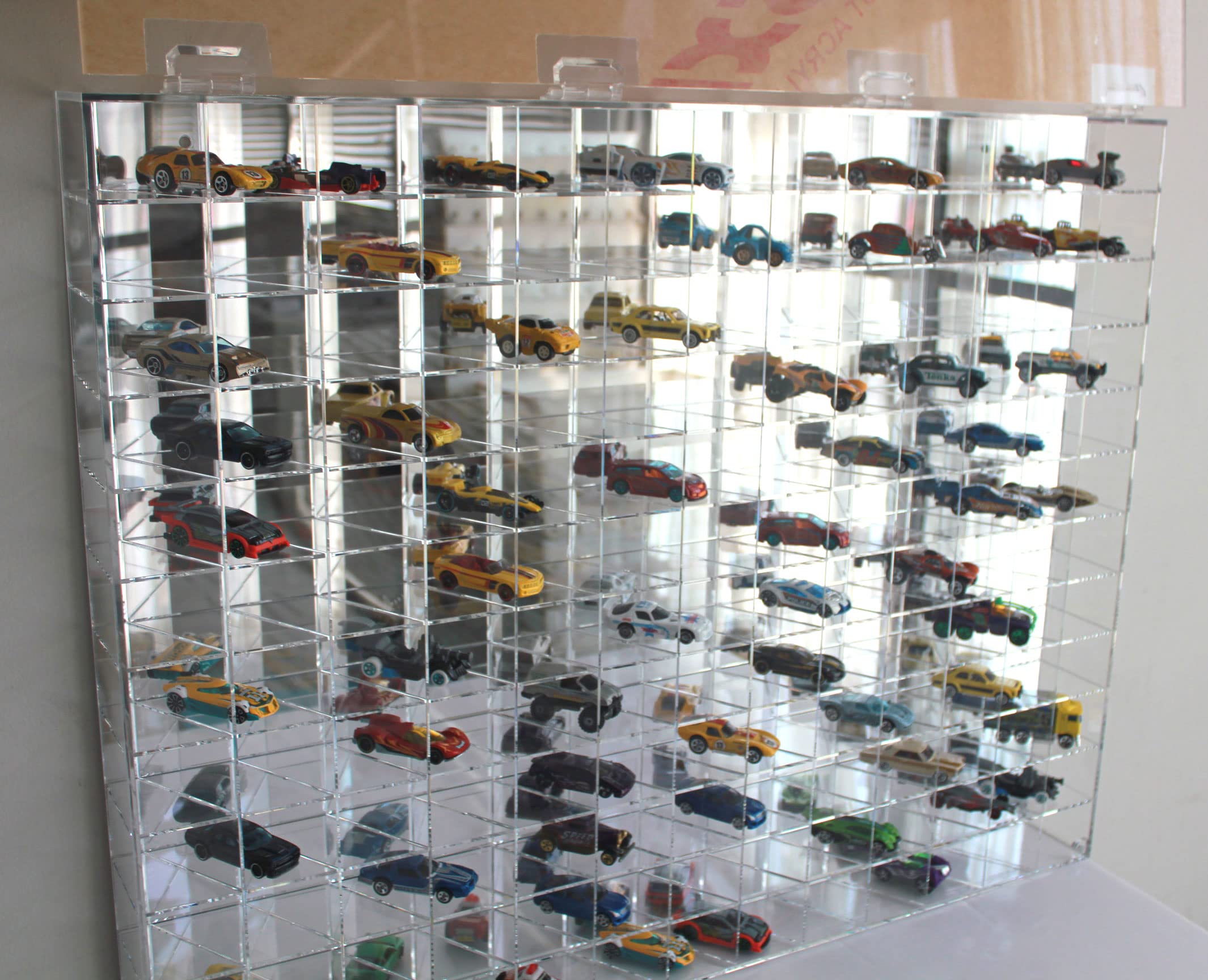 Clear Acrylic Display Case for 1:64 Scale Diecast Cars - 144 Compartment Wall-Mounted Organizer with UV Protection (22.5x30.4x3 Inches) - Perfect for Hot Wheels, Model Car Collections & Toy Storage