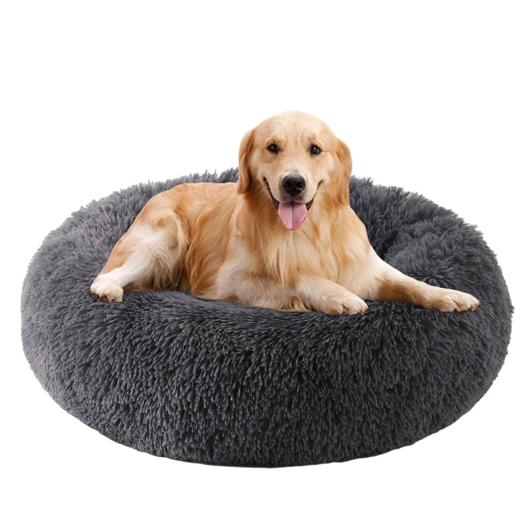 Calming Donut Dog Bed for Small to Medium Pets up to 80 lbs - Anti-Anxiety Round Pet Bed with Fluffy Washable Cover & Non-Slip Bottom - Perfect for Dogs & Cats (Dark Grey, 36