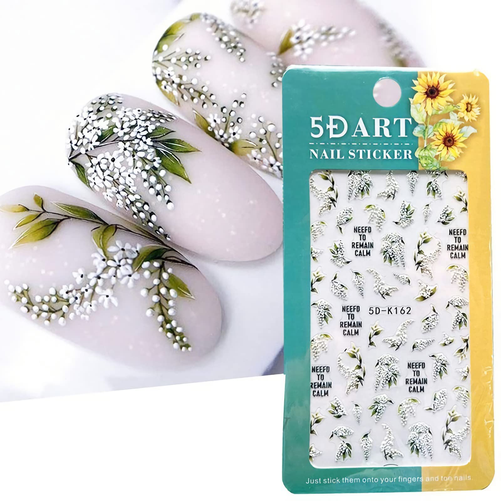 5D White Flower Nail Stickers - Summer Self-Adhesive Leaf Nail Decals for Nail Art, Green Leaves & Embossed Lily Floral Nail Accessories | Perfect for DIY Nail Designs, Bridal Manicures, and Summer Nail Art Decorations