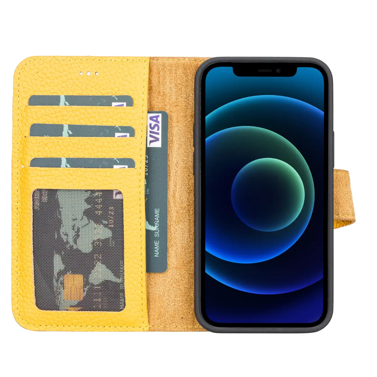 Premium Yellow Leather Wallet Case for iPhone 13 Mini - Slim Protective Cover with Card Slots | Perfect for Everyday Use, Travel & Business