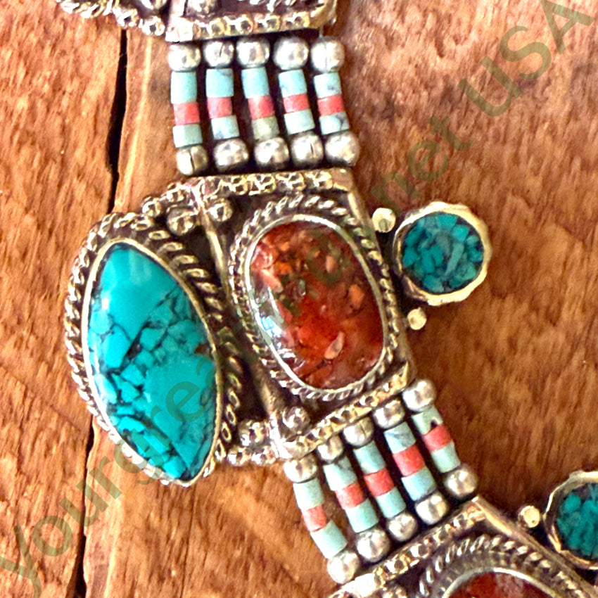 Handmade Tibetan Alpaca Silver Necklace with Turquoise & Coral Beads – Elegant Boho Jewelry for Women, Perfect for Festivals, Weddings & Special Occasions