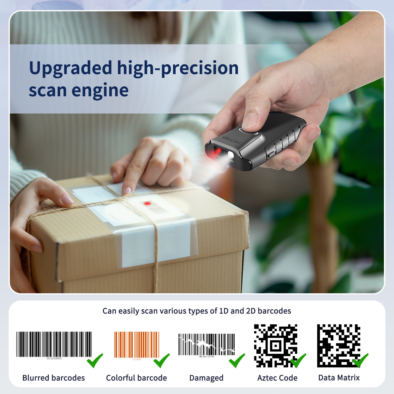 E800 2D Wireless Barcode Scanner - Fast & Accurate QR Code Reader for Retail, Warehouse & Inventory Management | USB & Bluetooth Connectivity