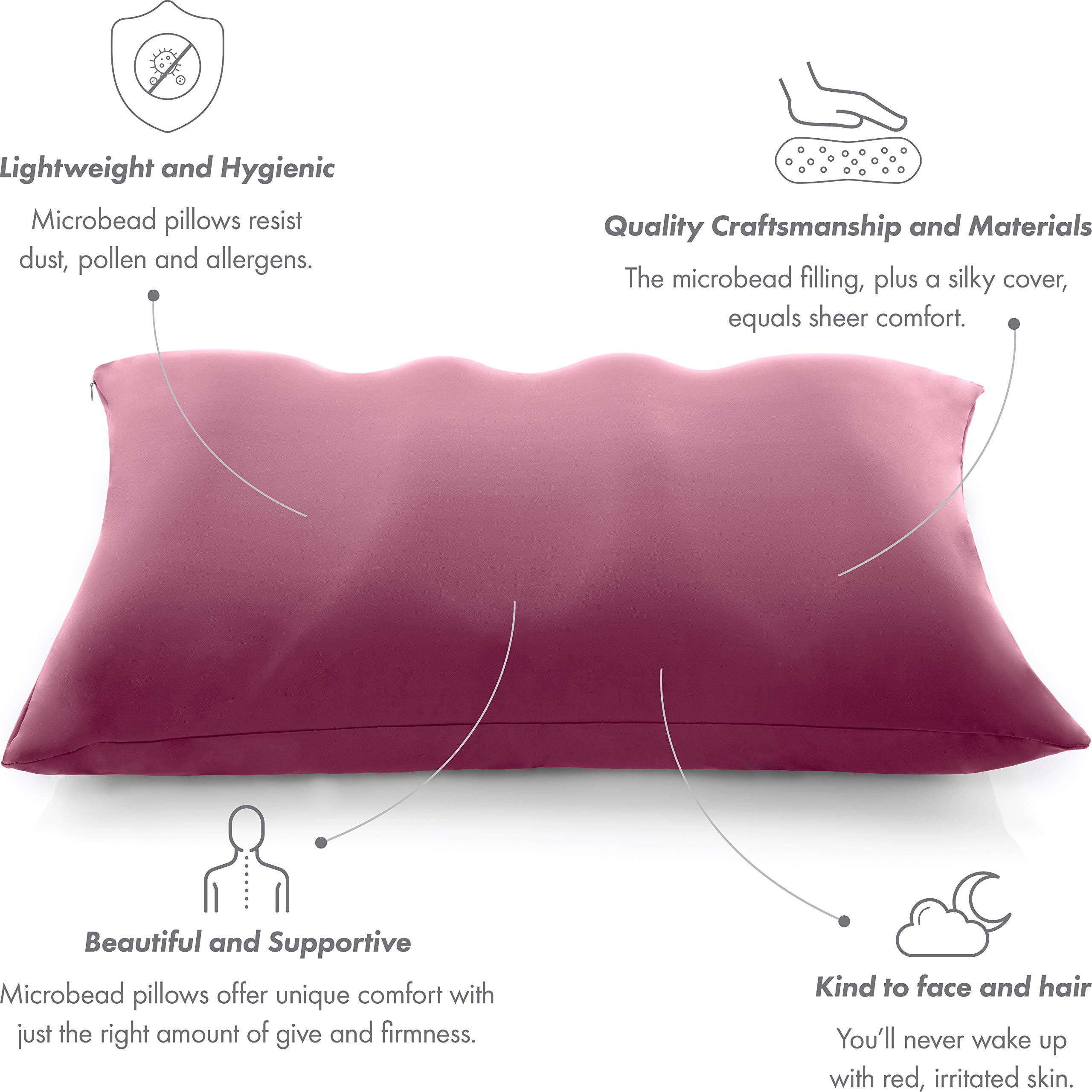 PILLOWY Premium Microbead Bed Pillow - Extra Large Fluffy Supportive Pillow with Cooling Silk-Like Anti-Aging Cover (85% Spandex/15% Nylon) - Burgundy Merlot Color for Side, Back & Stomach Sleepers - Ideal for Hot Sleepers & Neck Pain Relief