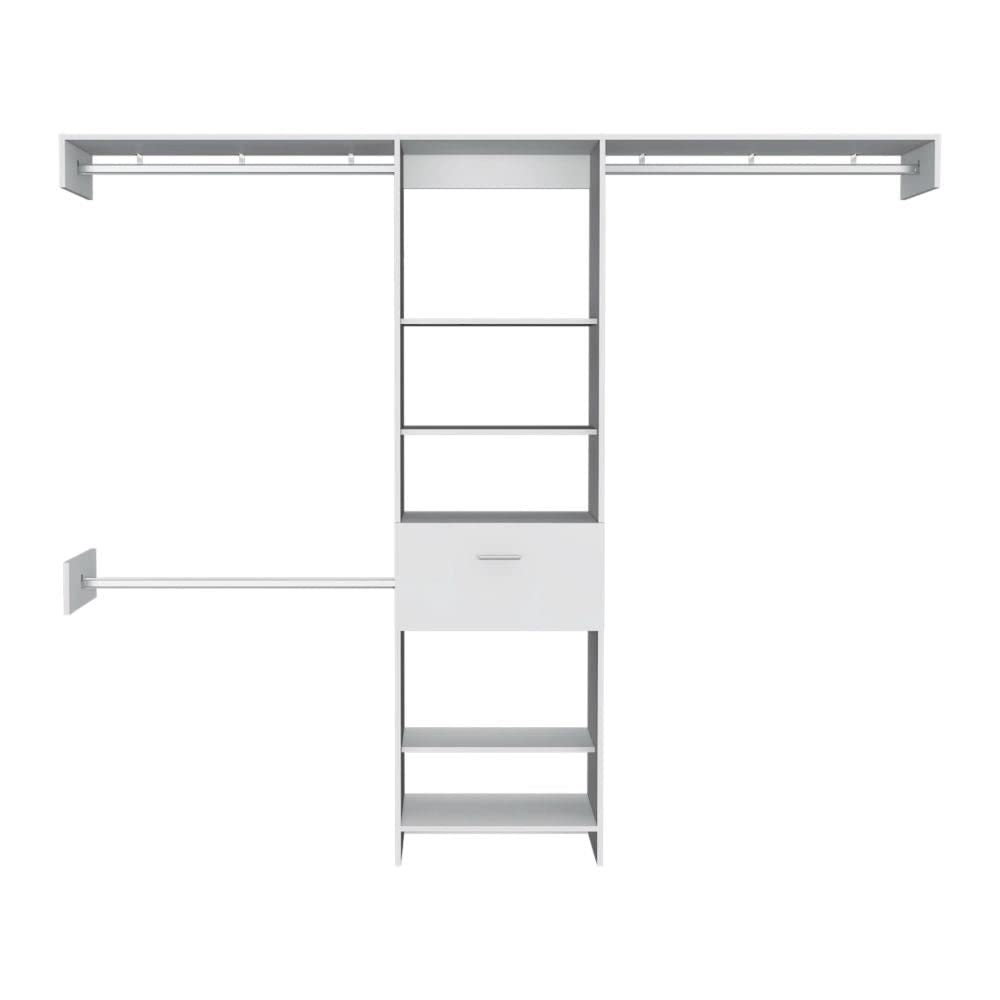 Brisk 250 Closet Organizer System - 5 Open Shelves, 1 Drawer & 3 Metal Rods - White - Perfect for Bedroom, Closet & Home Storage Organization