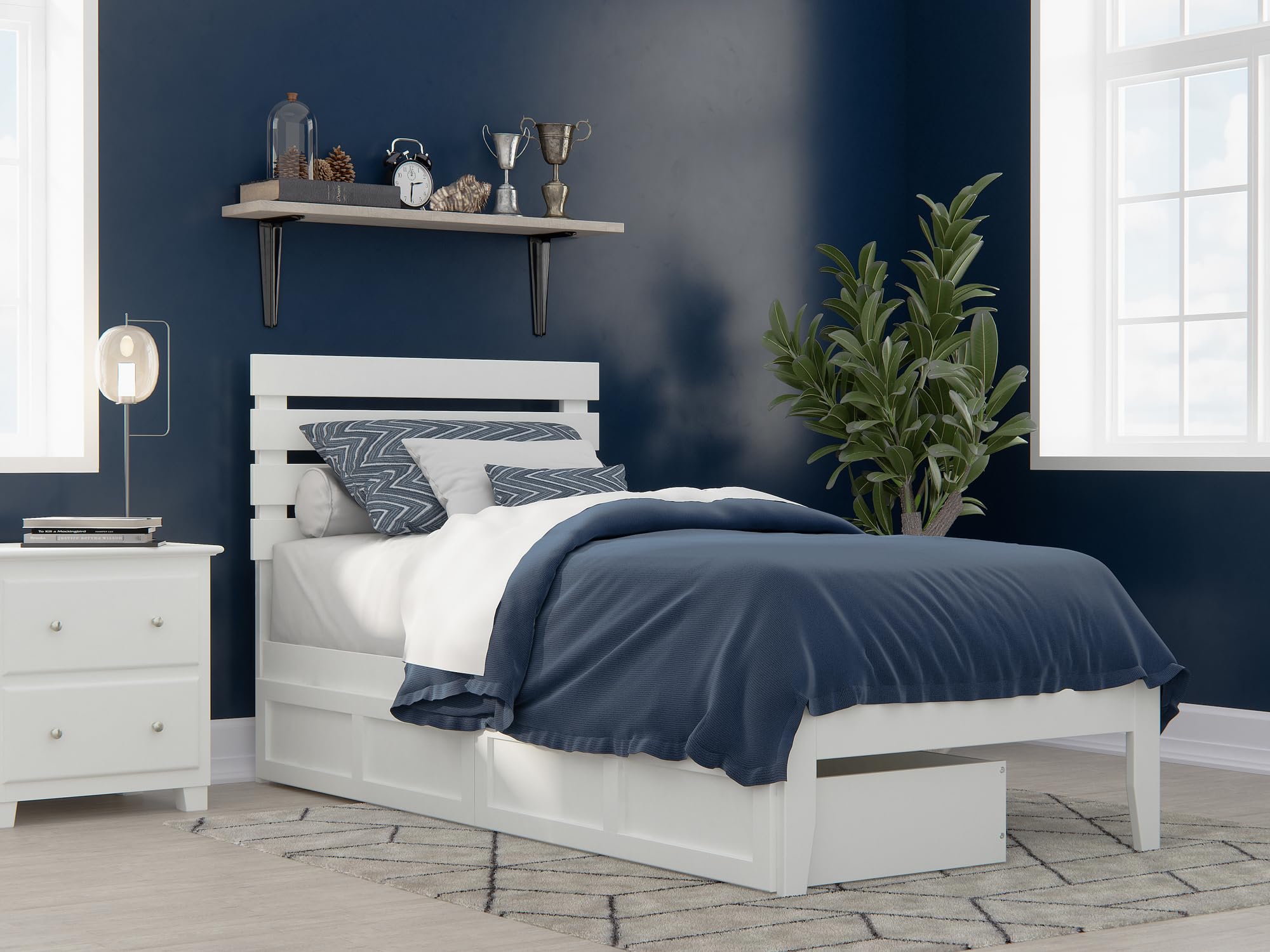 AFI Oxford Twin XL Size Platform Bed with Storage Drawers & USB Charging Station - White Wooden Bed Frame for Small Spaces, Dorm Rooms & Guest Bedrooms