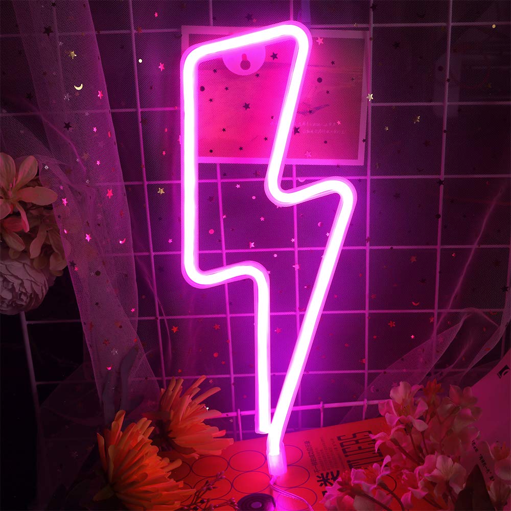 LED Lightning Bolt Neon Sign - USB/Battery Powered Pink Neon Light for Room Decor, Girls Kids Bedroom, Birthday Wedding Christmas Party | Wall Art, Night Light, TikTok Background, Gaming Room Aesthetic