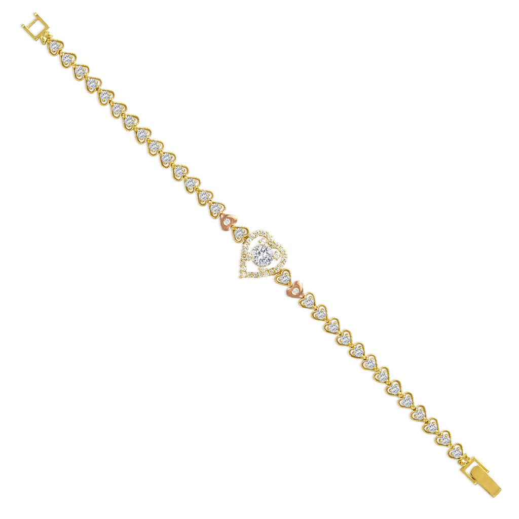 14K Gold Heart CZ Bracelet for Women - Elegant Yellow & White Cubic Zirconia Jewelry Gift - 7 Inch Adjustable - Perfect for Valentine's Day, Anniversary & Special Occasions