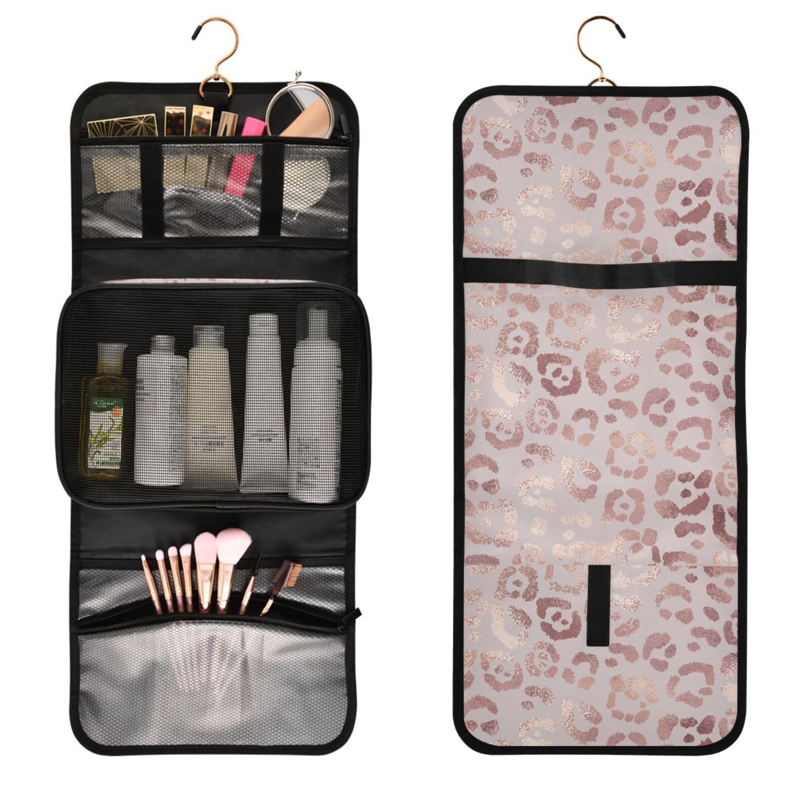 Elegant Rose Gold Leopard Print Hanging Toiletry Bag Set - 3 PCS Travel Makeup Organizer with Clear Compartments | Portable Cosmetic Storage for Women | Perfect for Vacation, Gym, Camping & Business Trips
