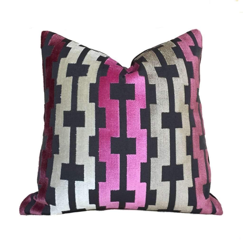 Modern Velvet Geometric Stripe Pillow Cover in Marlow Pink, Cream & Taupe Gray - Soft Decorative Throw Pillow Case for Living Room, Bedroom & Sofa