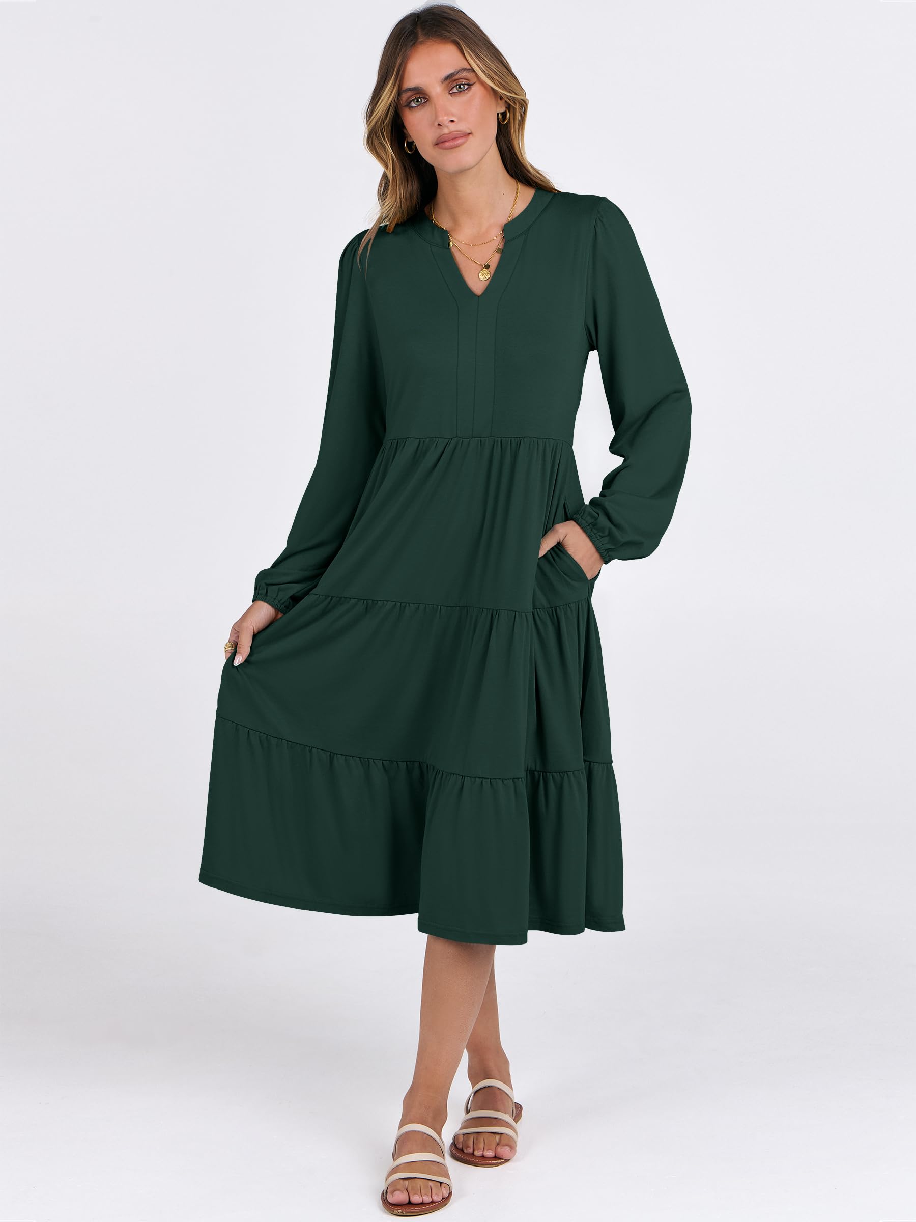 ANRABESS Women's Long Sleeve V-Neck Flowy Swing Dress - Loose Fit Tiered Casual Dress for Spring 2025 | Perfect for Vacation, Beach, Date Night & Everyday Wear
