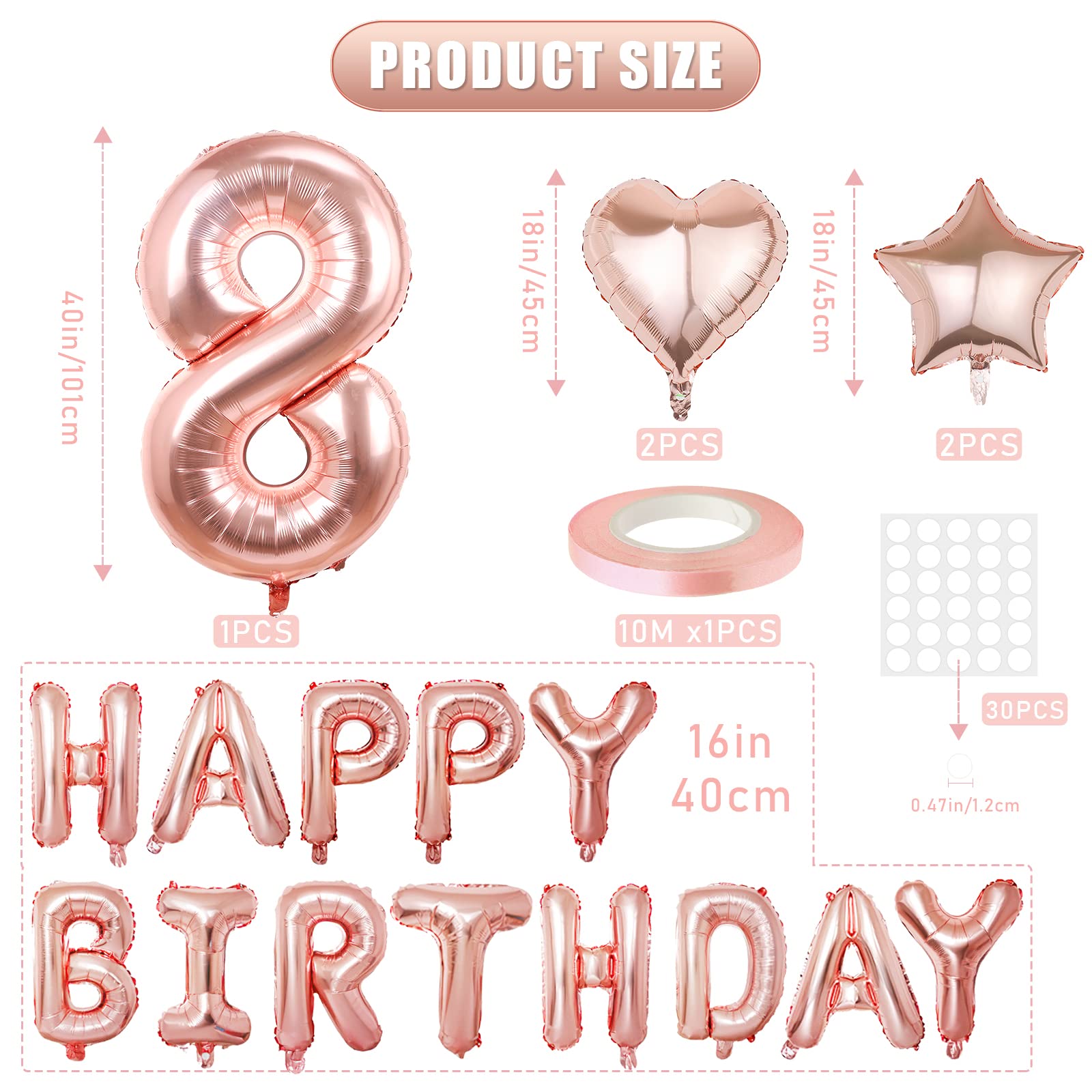 Rose Gold Happy Birthday Balloons Banner - 16 Inch Mylar Foil Number 8 Balloons for 8th Birthday Party Decorations | Perfect for Kids Birthday Parties, Baby Showers & Anniversary Celebrations