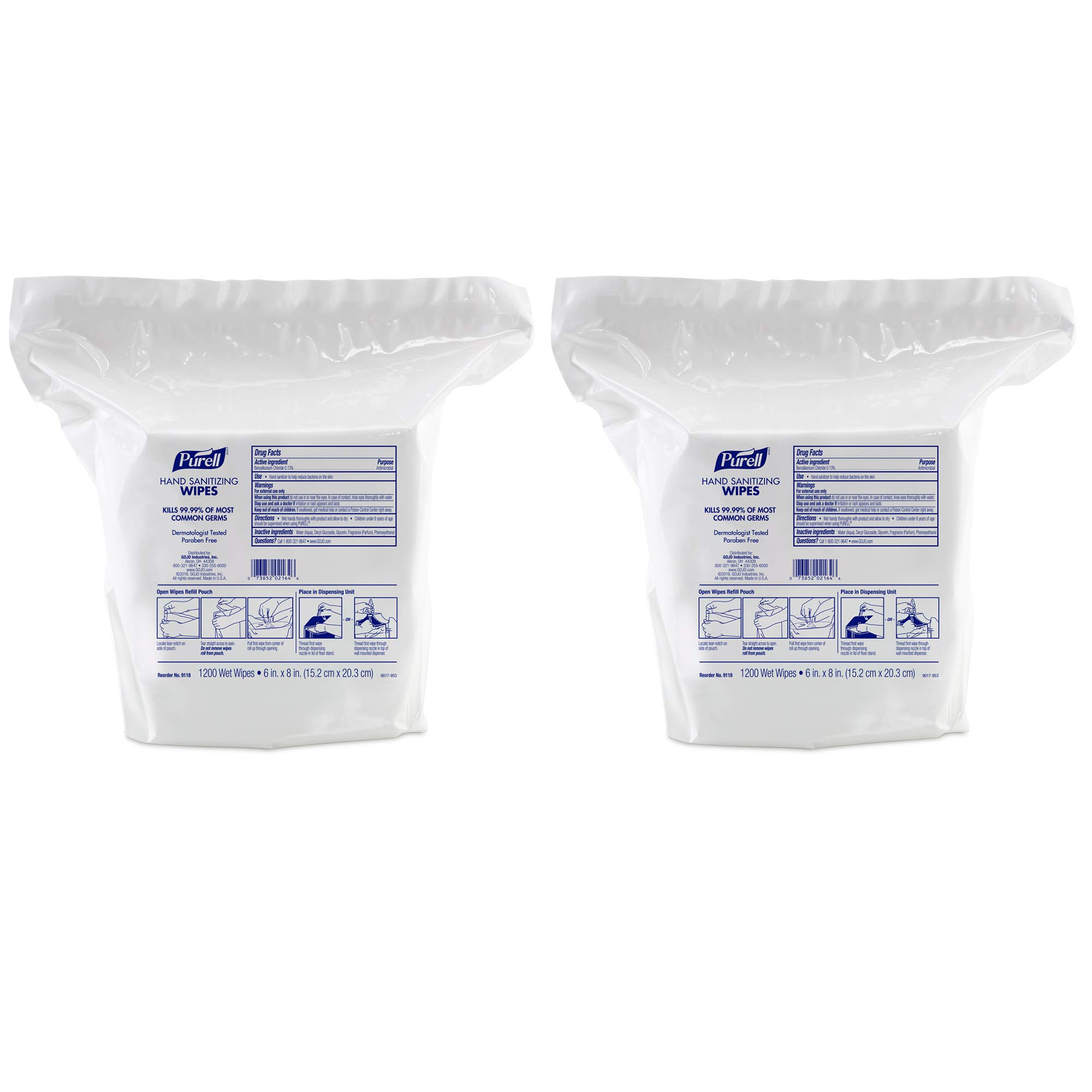 Purell Hand Sanitizing Wipes Refill Pack - Alcohol-Free Formula, 1200 Count (Pack of 2) for High Capacity Wall & Floor Stand Dispensers | Ideal for Offices, Schools, Hospitals & Public Spaces - 9118-02