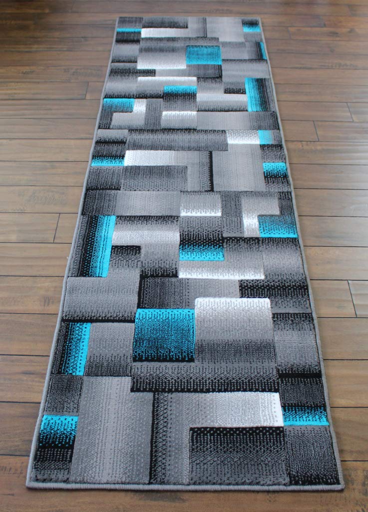 Masada Modern Contemporary Area Runner Rug - Turquoise Grey Black - 2' x 7' - Perfect for Hallway, Entryway & Narrow Spaces