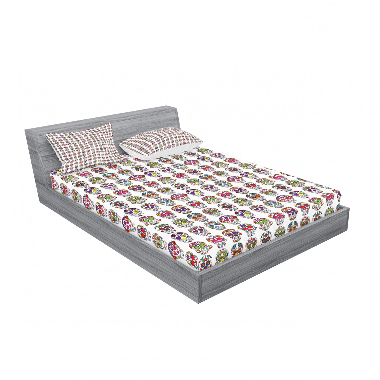 Ambesonne Skull Floral Queen Bedding Set - 2 Fitted Sheets & 4 Pillow Shams, Gothic Bohemian Style Bedroom Decor for Teens & Adults - Perfect for Halloween, Dorm Rooms & Alternative Home Decor