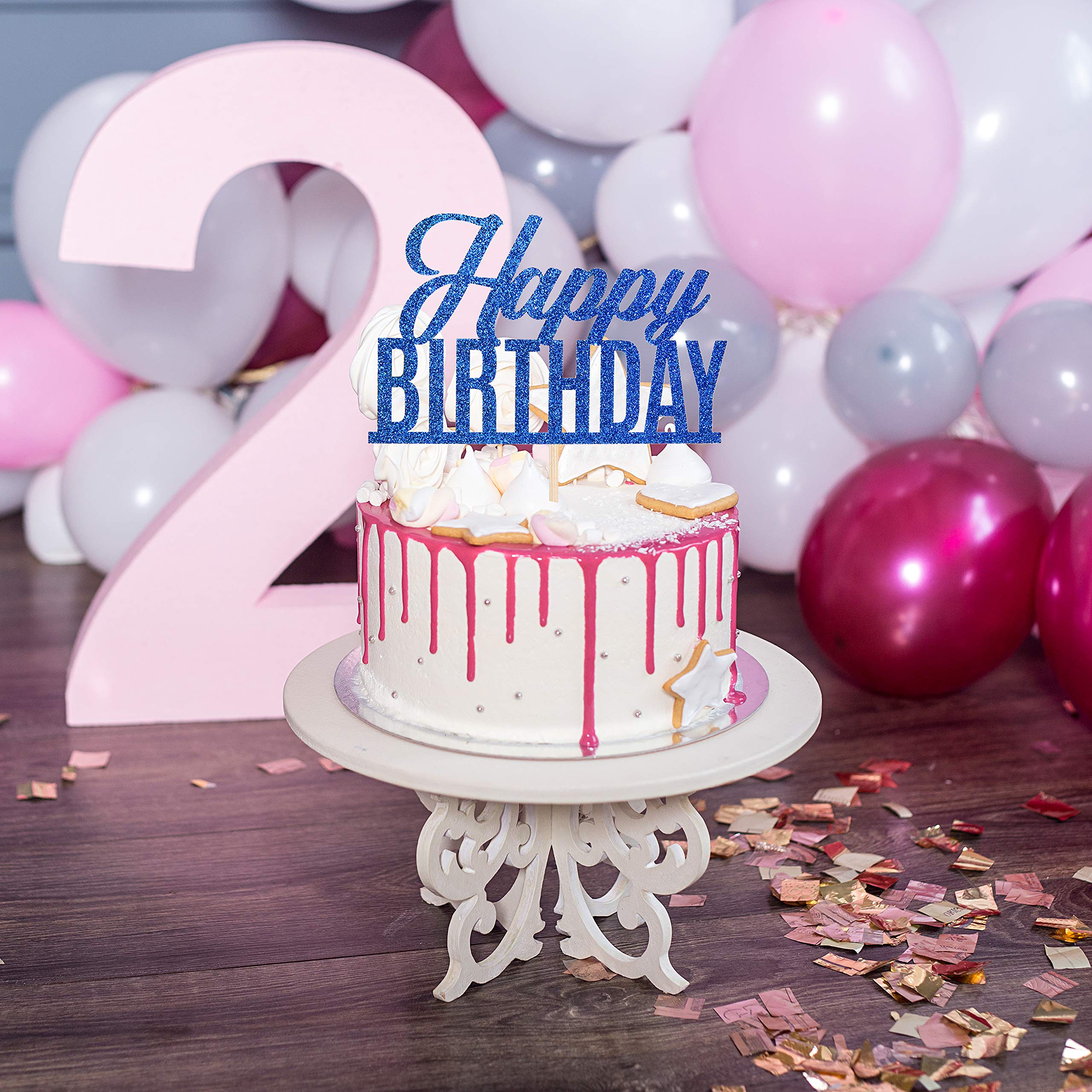 Blue Glitter Happy Birthday Cake Topper - Anniversary Party Decorations for Adults & Kids - Cake Decorating Supplies for Birthday Celebrations | Perfect for Wedding, Baby Shower & Graduation Parties