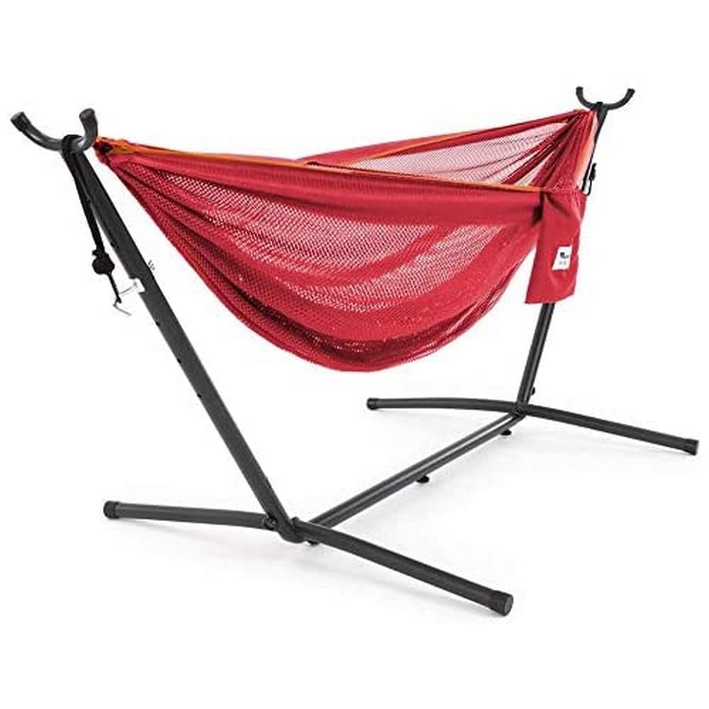 Vivere C9MESH-46 Double Hammock with Steel Stand - Peach & Punch Color - Outdoor Patio, Backyard, Camping & Beach Relaxation