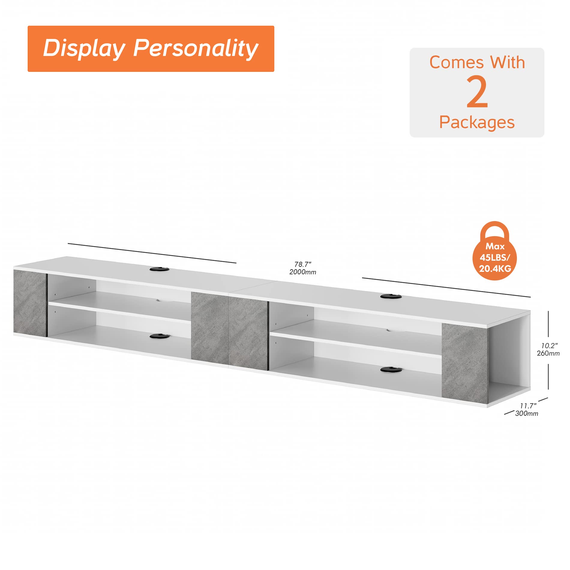 WAMPAT 79 Inch Floating TV Stand for 75 Inch TVs - Modern Wall Mounted Entertainment Center with Wood Storage Hutch - Space Saving TV Cabinet for Living Room (Grey & White) - Perfect for Small Spaces & Home Theater Setup