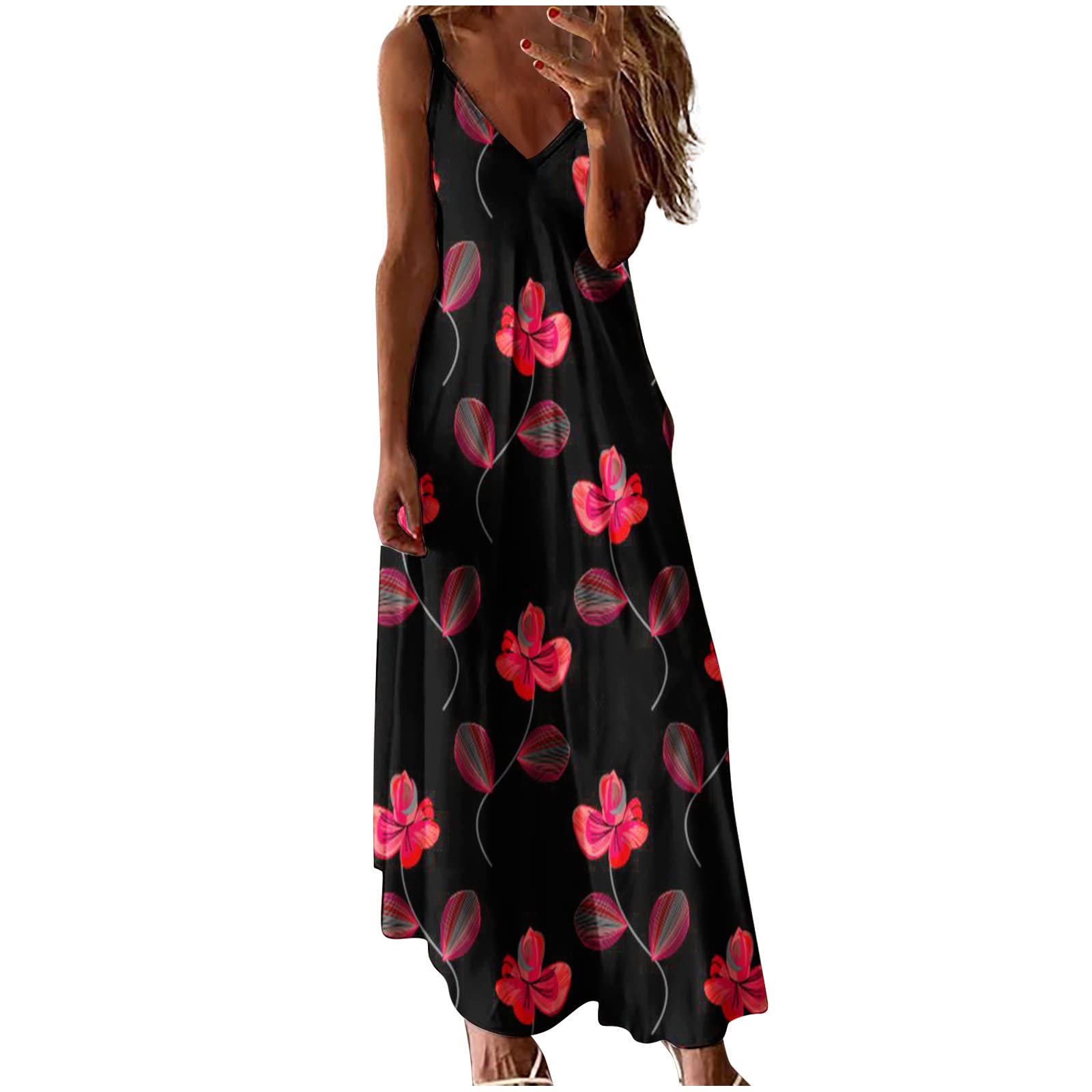 Women's Floral Print V-Neck Sleeveless Maxi Dress - Boho Summer Beach Dress with Flowy Swing Fit | Perfect for Casual Outings, Vacations & Beach Parties