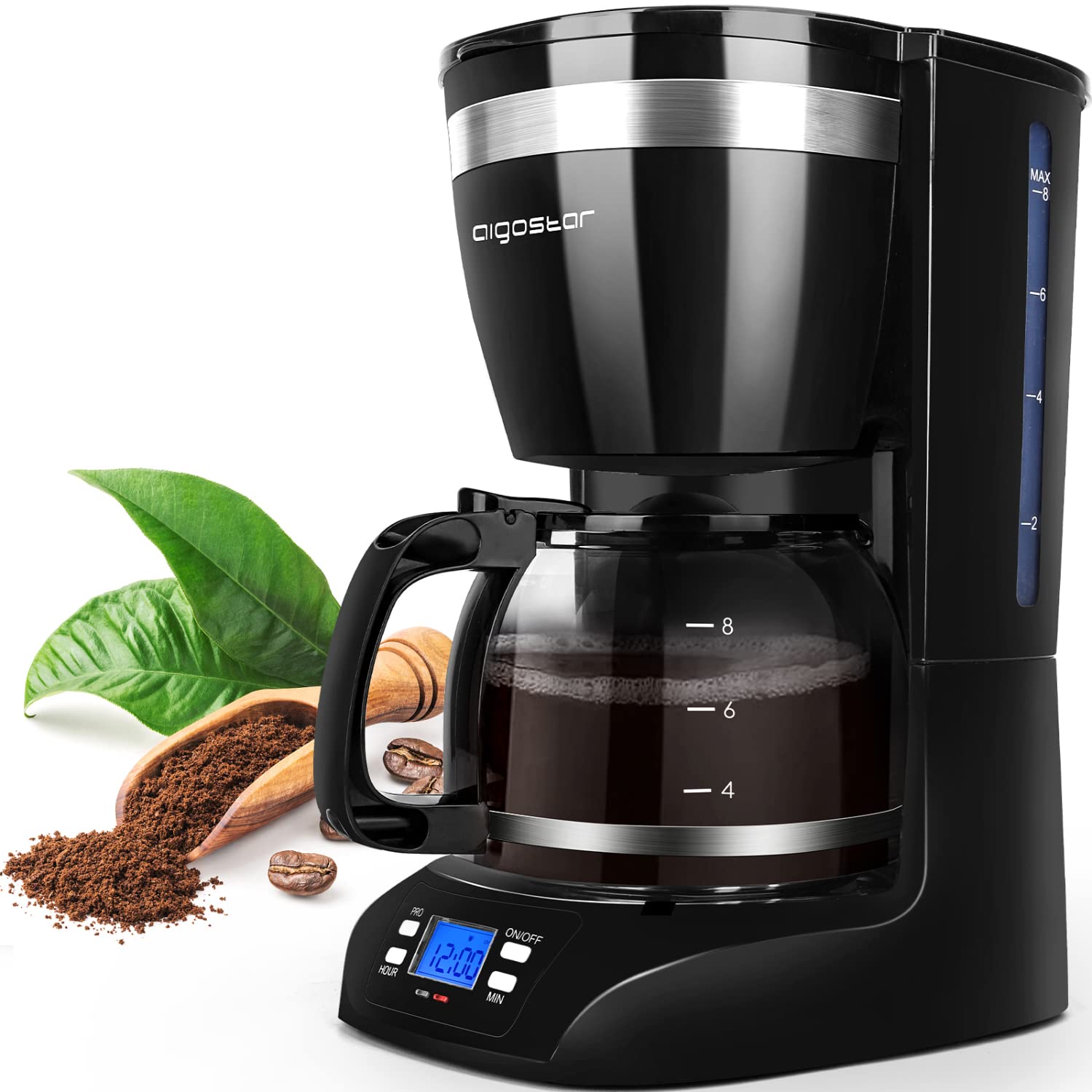 Aigostar 10 Cup Programmable Drip Coffee Maker with Glass Carafe - 24H Timer, Anti-Drip System & Auto Keep Warm - Perfect for Home, Office & Entertaining - Black Electric Coffee Pot with Permanent Filter