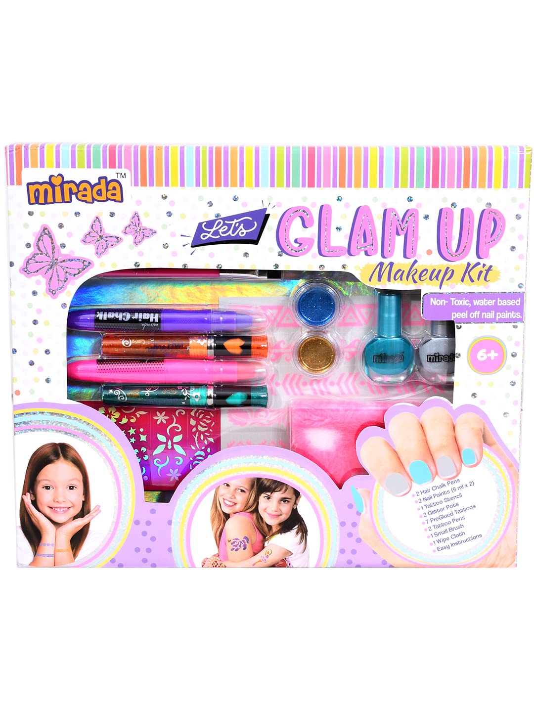 Mirada Lets Glam Up Nail Art Kit for Girls - Complete DIY Manicure Set with Hair Chalk, Tattoo Pen, Nail Polish & Glitter | Perfect Birthday Gift & Party Favor for Teens | Fun Spa Day & Sleepover Activity