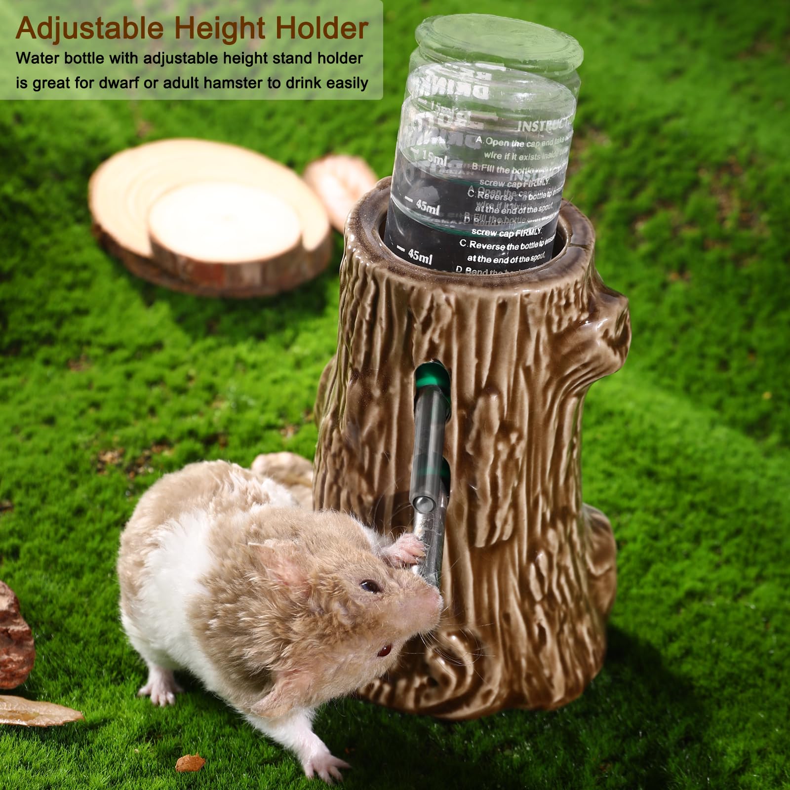 3-in-1 Adjustable 80ML Chew Proof Ceramic Water Bottle for Hamsters, Gerbils, Mice & Rats - Glass Tank Compatible with Stand Holder | Perfect for Dwarf Syrian Hamster Cages & Small Pet Habitats