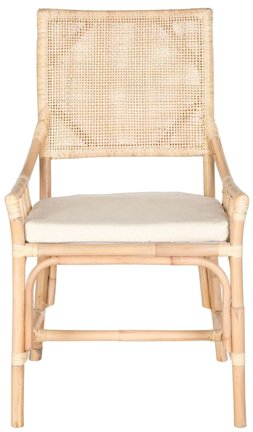 Natural White Wash Rattan Armchair with Cushion - Coastal & Boho Style Accent Chair for Patio, Living Room, or Bedroom Decor