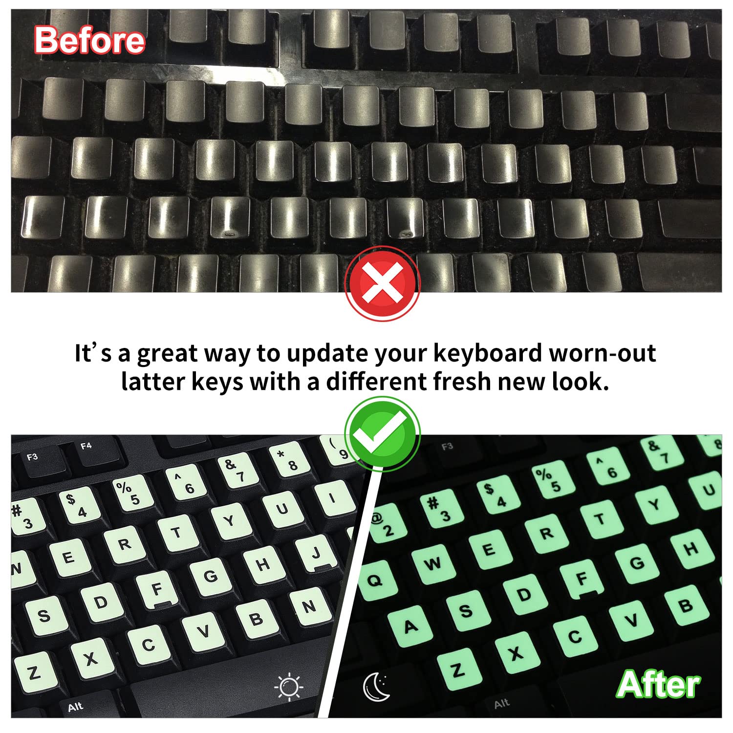 2-Pack Glow in The Dark Universal Keyboard Stickers for Laptop, Computer, Notebook & Desktop - English Letters (Perfect for Low Light & Nighttime Typing)