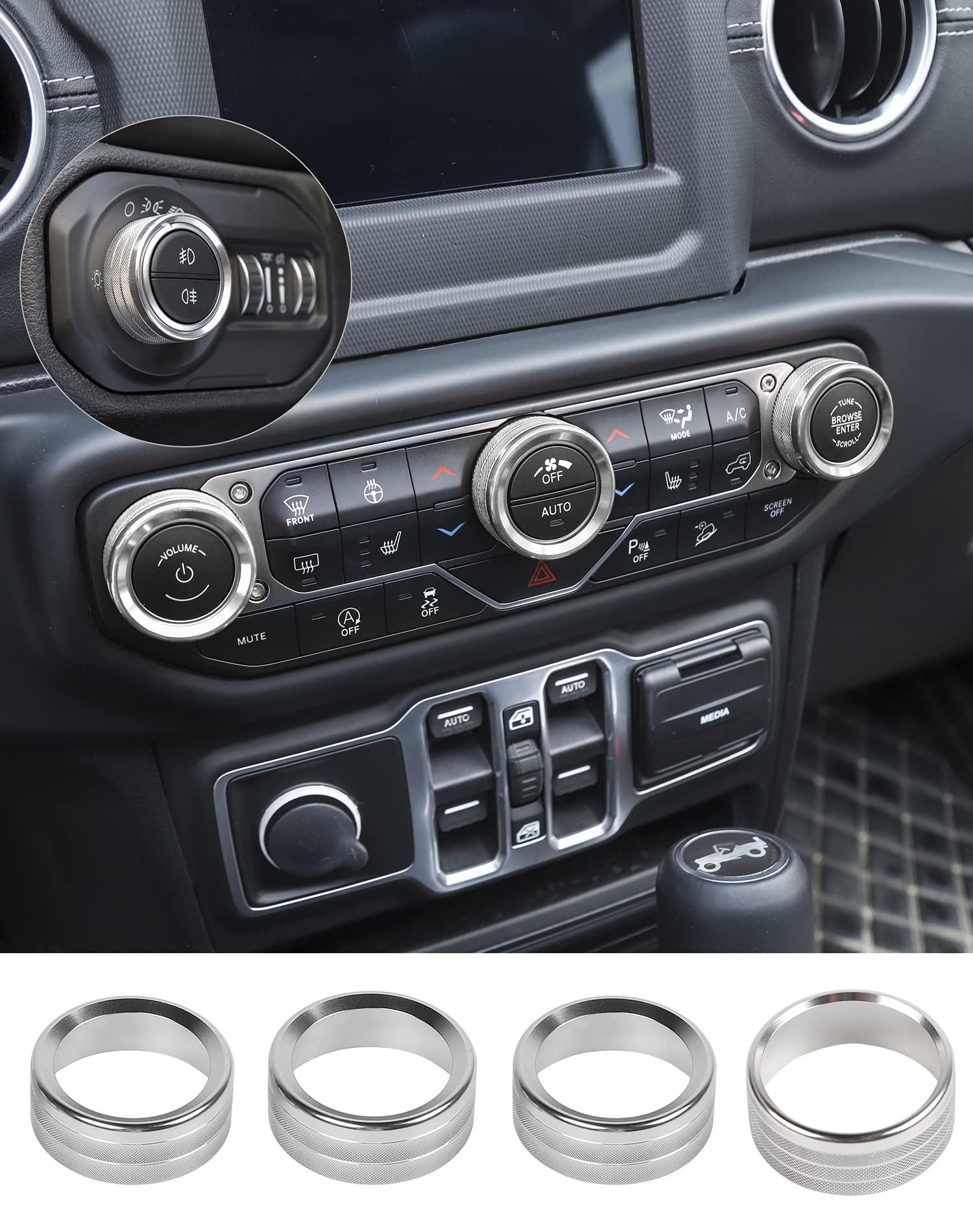 JeCar Aluminum Alloy AC Switch Knob Cover & Headlight Knob Trim - Compatible with Jeep Wrangler JL/JLU (2018-2023) & Gladiator (2020-2023) - Silver Finish - Interior Accessory Upgrade for Off-Road & Daily Driving
