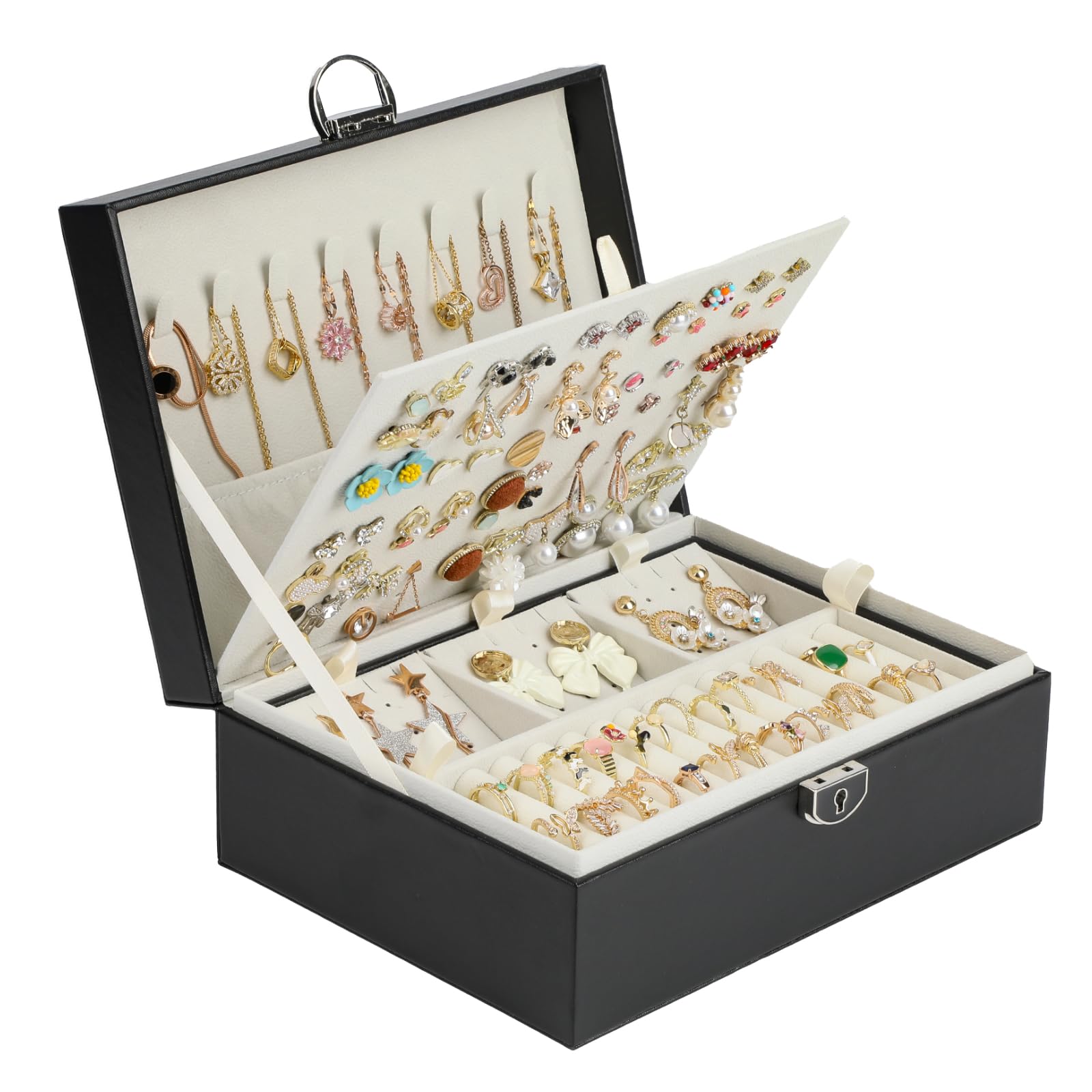 BOOVO 4-Layer Jewelry Organizer Box with Lock - Earring, Necklace, Ring Holder for Women & Girls - Perfect for Travel, Home & Gift (Black)