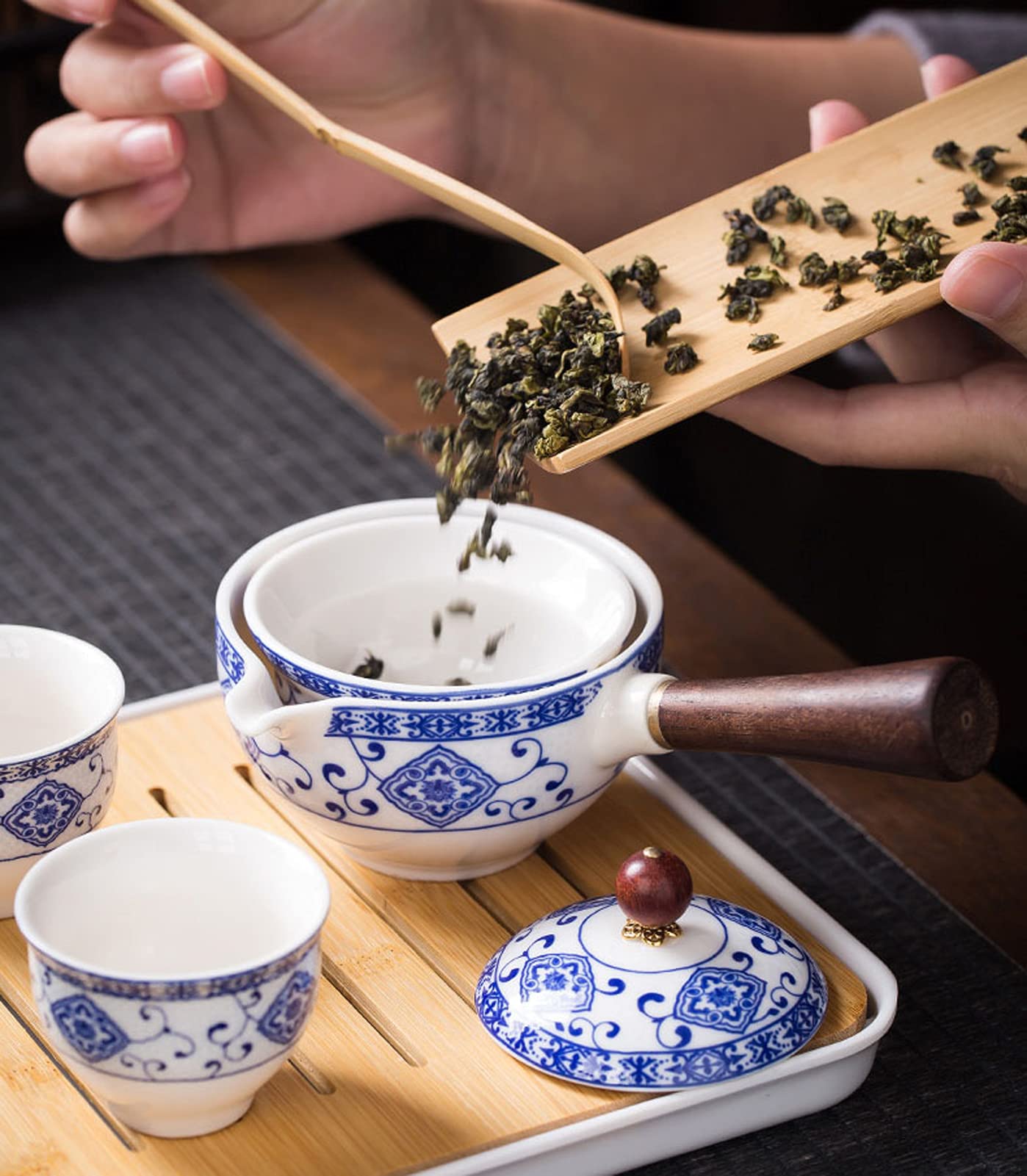Handmade Chinese Kungfu Ceramic Travel Tea Set - Portable Teapot with 4 Cups, Strainer, Bamboo Tray & Carry Bag | Perfect for Camping, Office & Gifts