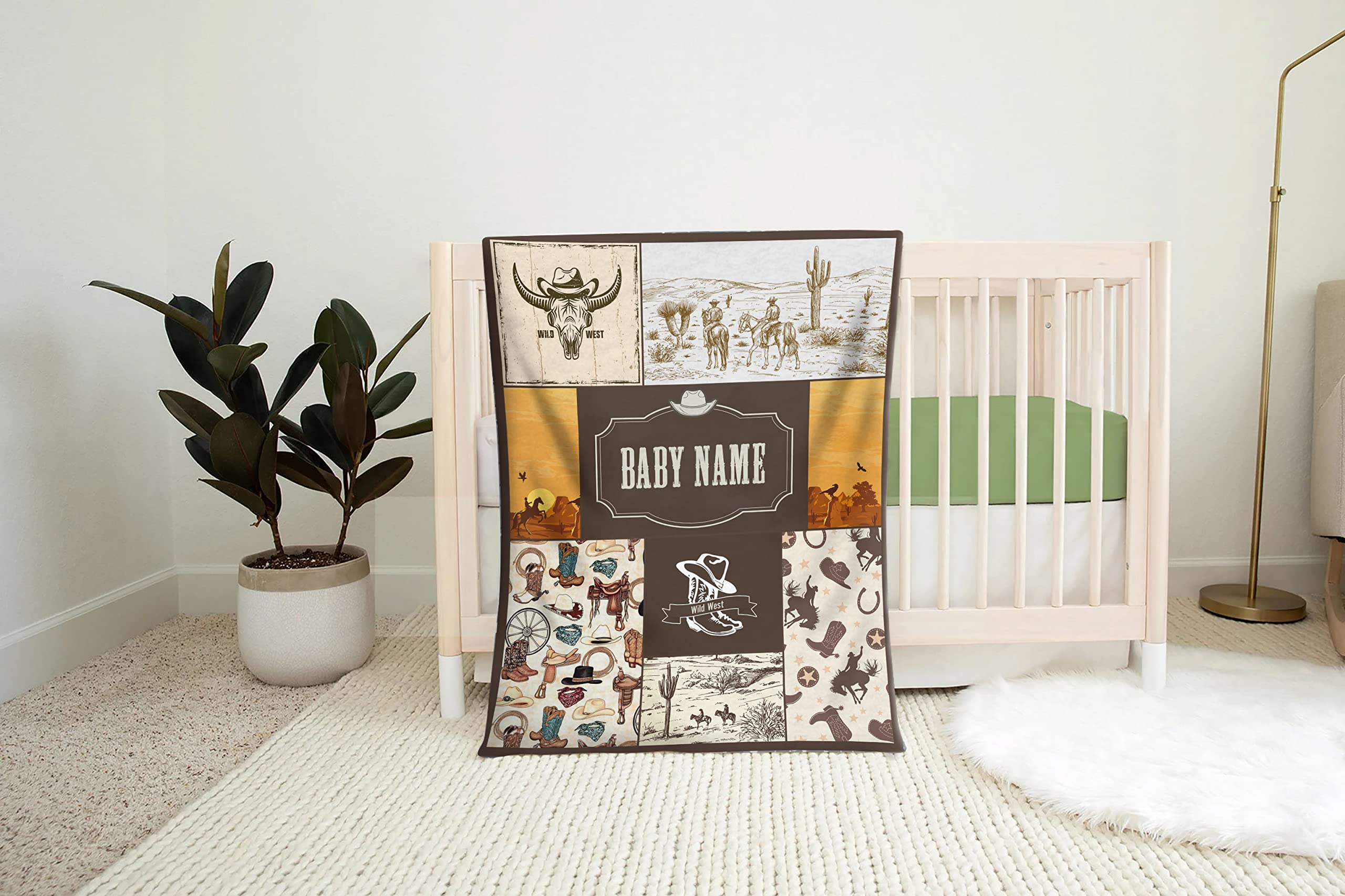 Personalized Western Cowboy Baby Blanket for Boys & Girls - Soft Fleece Swaddle Blanket with Name, Wild West Horse Design - Perfect for Newborn Gifts, Nursery Decor, and Photo Shoots