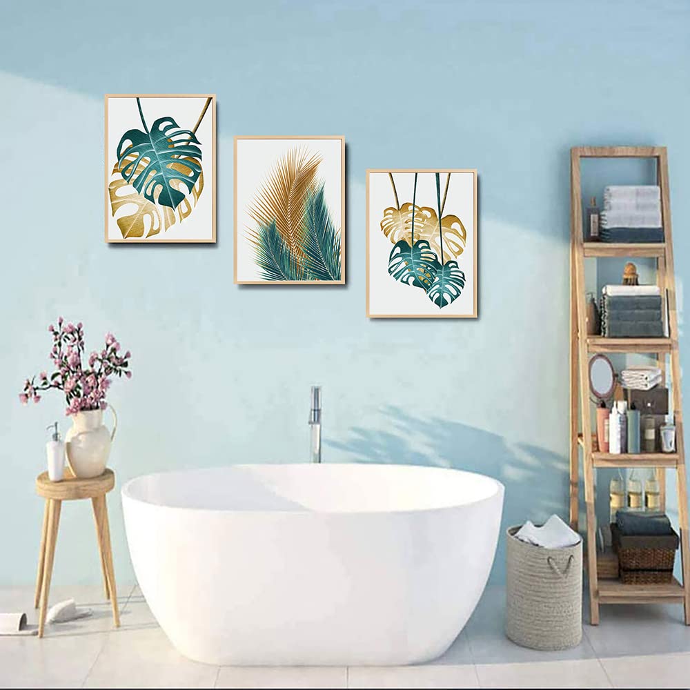 Natural Wood Framed Wall Art Set of 3 - Abstract Leaf Painting Prints for Living Room, Bedroom, Kitchen & Bathroom Decor - Ready to Hang Home Decorations for Modern Interior Design