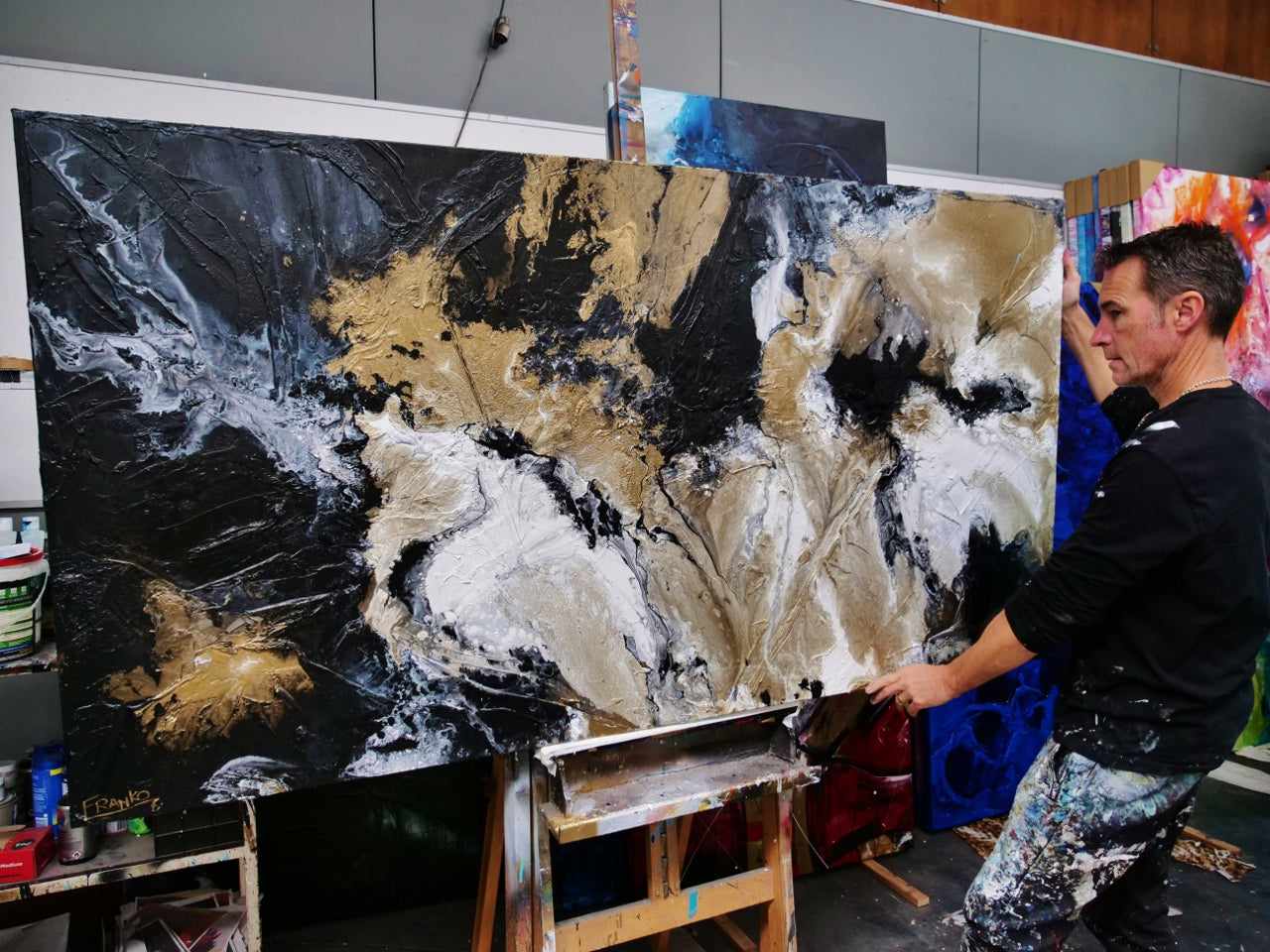 190cm x 100cm Black Gold White Textured Abstract Canvas Painting - Modern Wall Art for Living Room, Bedroom & Office Decor - Golden Saturation Design