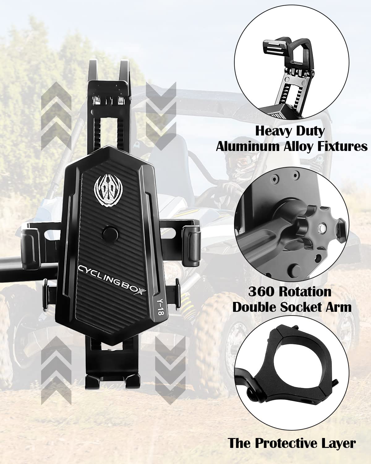 Universal UTV ATV Phone Mount - Heavy Duty 360° Rotating Aluminum Phone Holder for 1.75-2