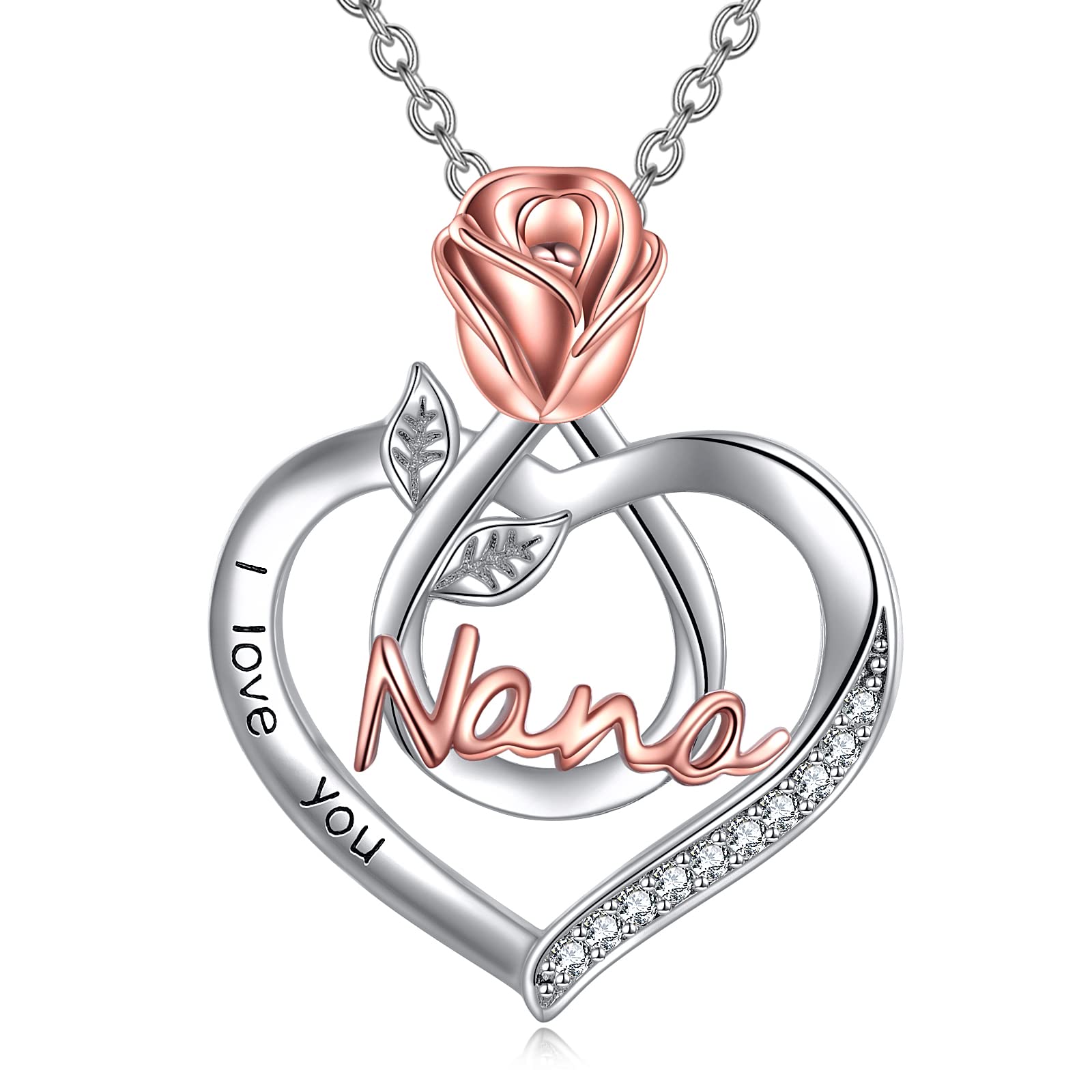 POPKIMI 925 Sterling Silver Crystal Necklace - I Love You Mom, Grandma, Daughter, Wife Heart Pendant Jewelry | Best Birthday Gifts for Women, Wife, Girlfriend, Nana | Elegant Rose Flower Design for Anniversary, Mother's Day, Valentine's Day Gifting