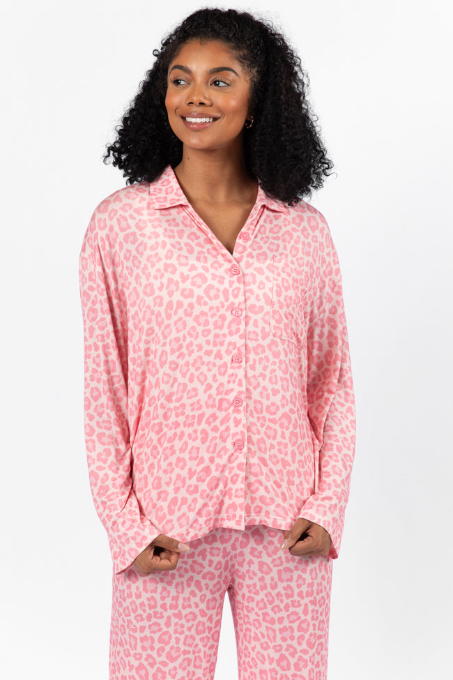Sweet Dreams Pink Leopard Print Long Sleeve Pajama Top for Women - Cozy Sleepwear for Winter Nights & Loungewear at Home
