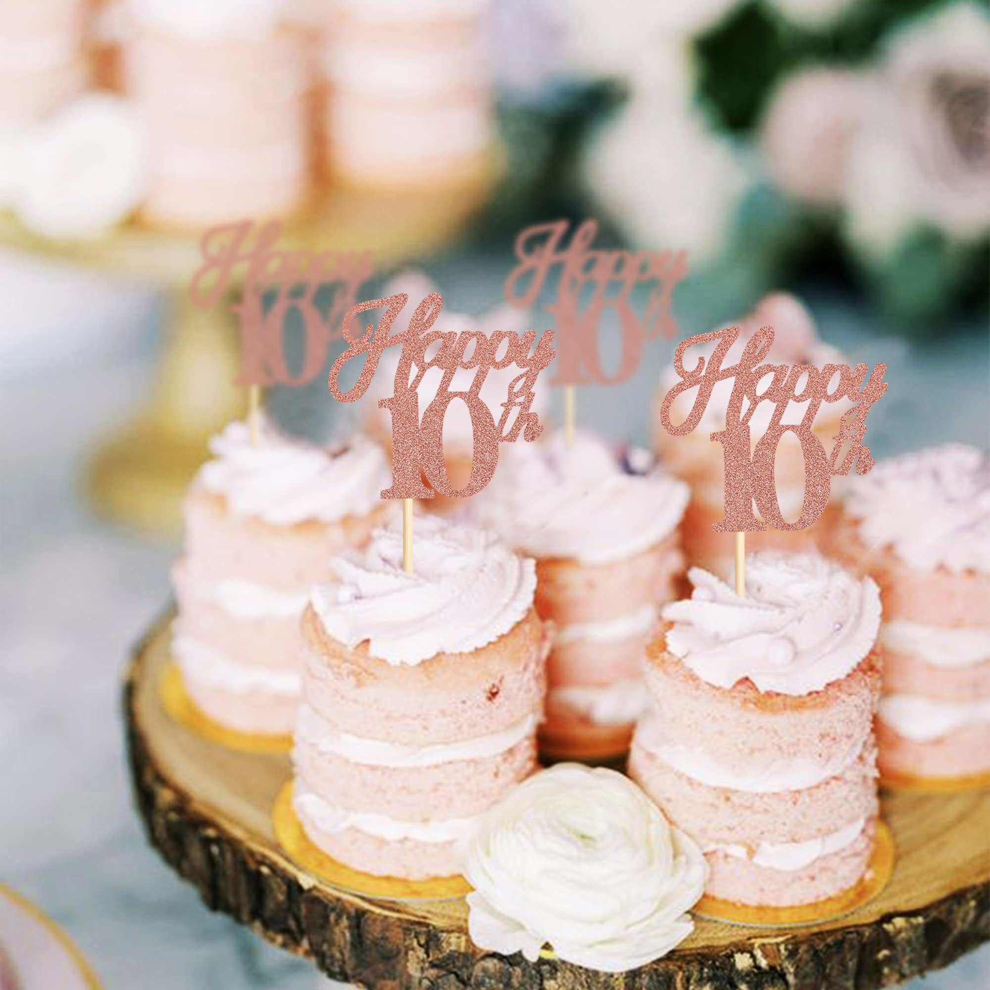 Ercadio 24 Pack Rose Gold Glitter 10th Birthday Cupcake Toppers - Hello 10 Cupcake Decorations for Anniversary, Wedding & Party Cake Supplies | Perfect for Kids Birthday, Milestone Celebrations & Special Events