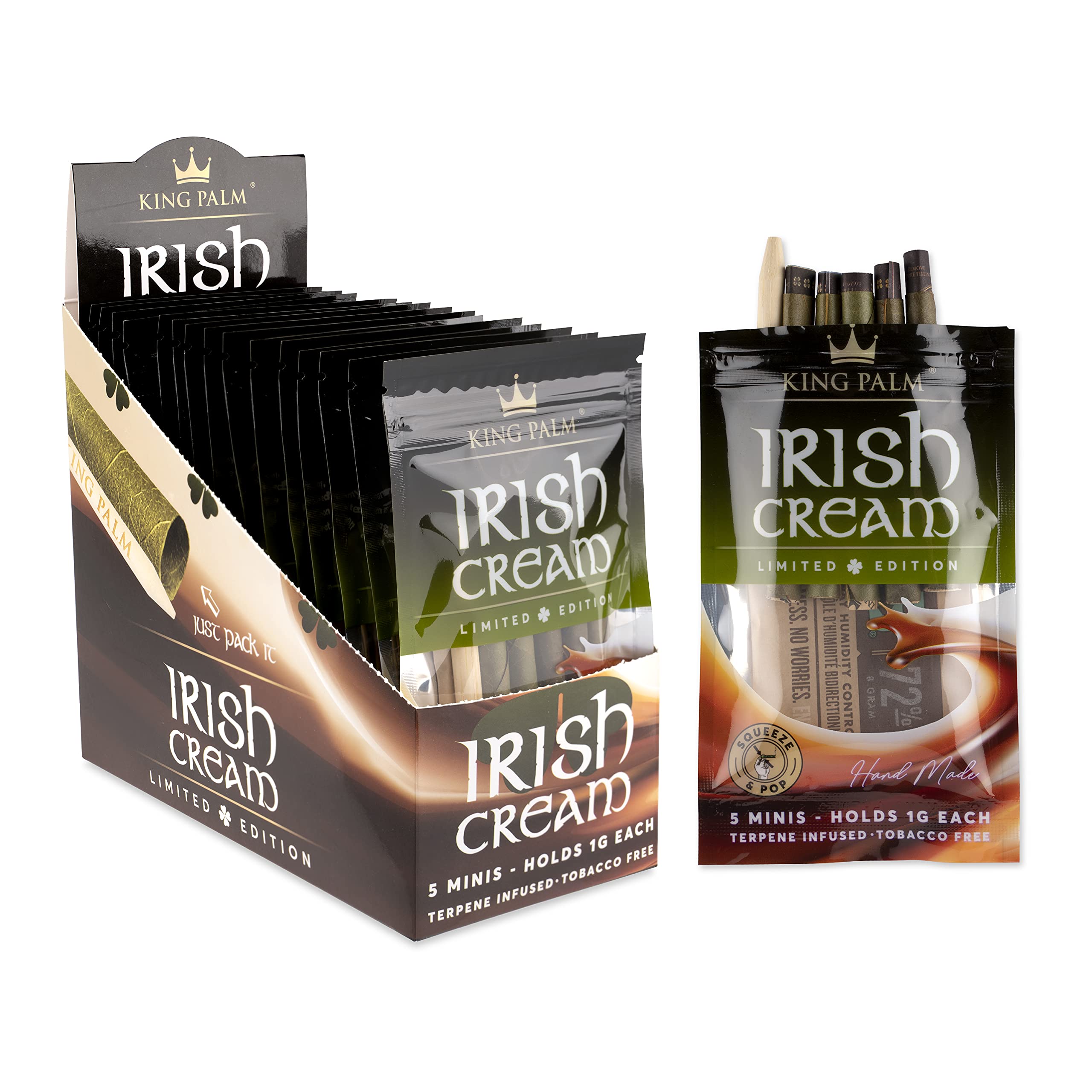 King Palm Flavors Mini Size Cones - 5 Rolls (15 Packs) - Terpene Infused Organic Pre-Rolled Cones - Squeeze & Pop Design - Irish Cream Flavor - Perfect for Relaxation & Social Gatherings